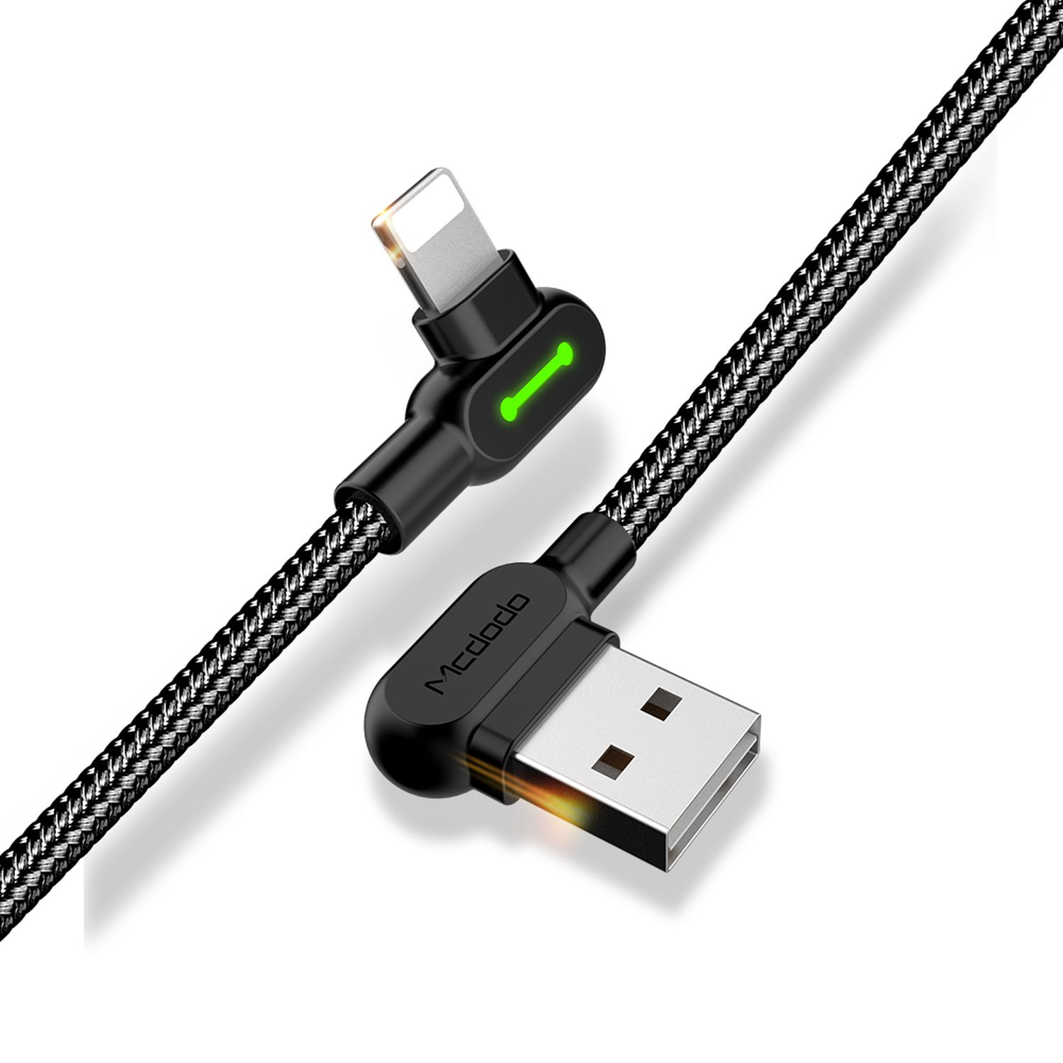 Schwarz-graues USB-Kabel mit abgewinkeltem Lightning-Anschluss. Grünes Licht leuchtet.