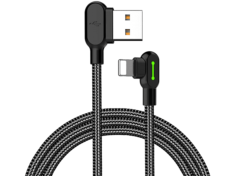 MCDODO 3m 2A (iOS) Schwarz geflochten 90° iPhone L-Form Ladekabel, Lightning LED-Licht