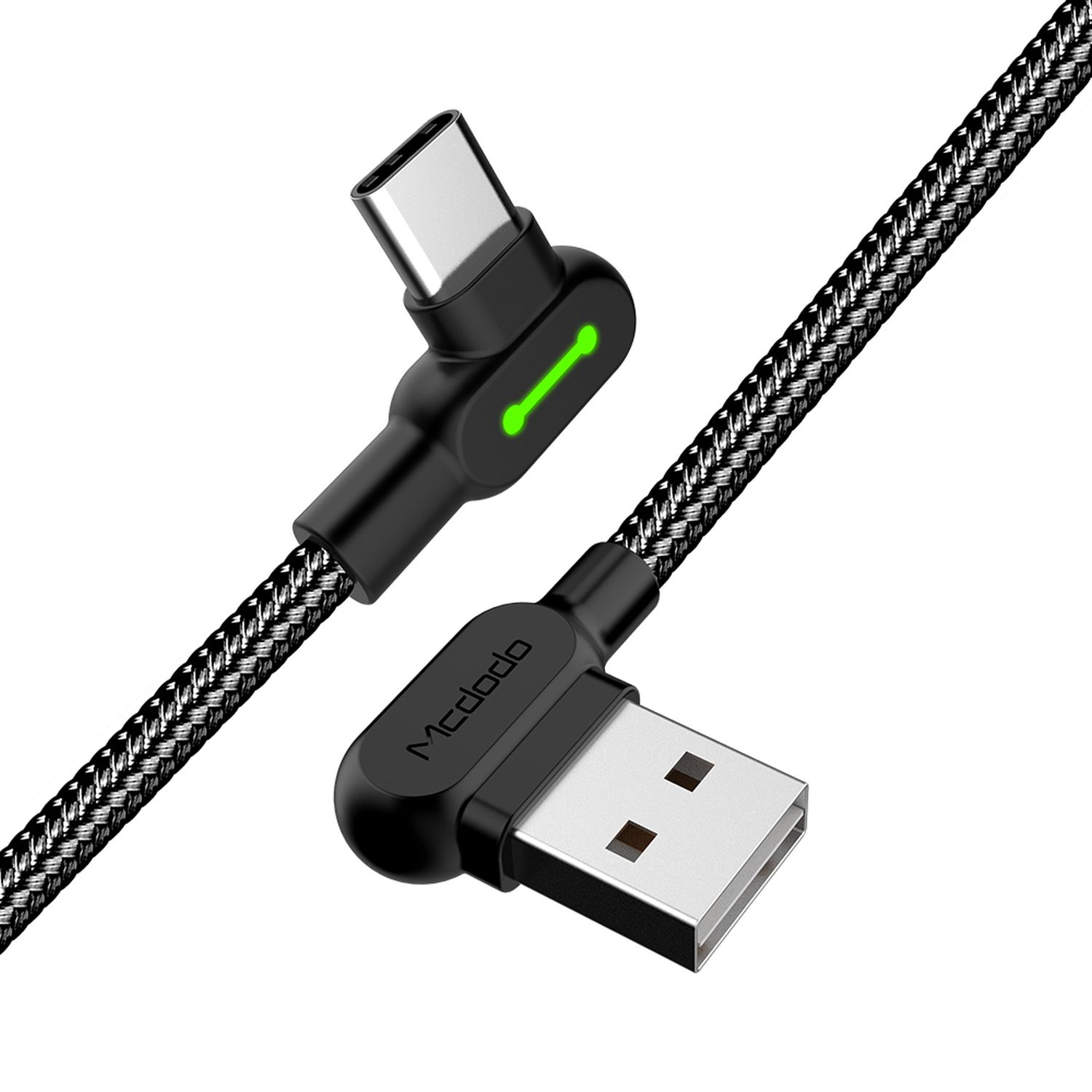 Ein schwarzes USB-C-zu-USB-A-Ladekabel, abgewinkelt mit grüner Lichtanzeige.