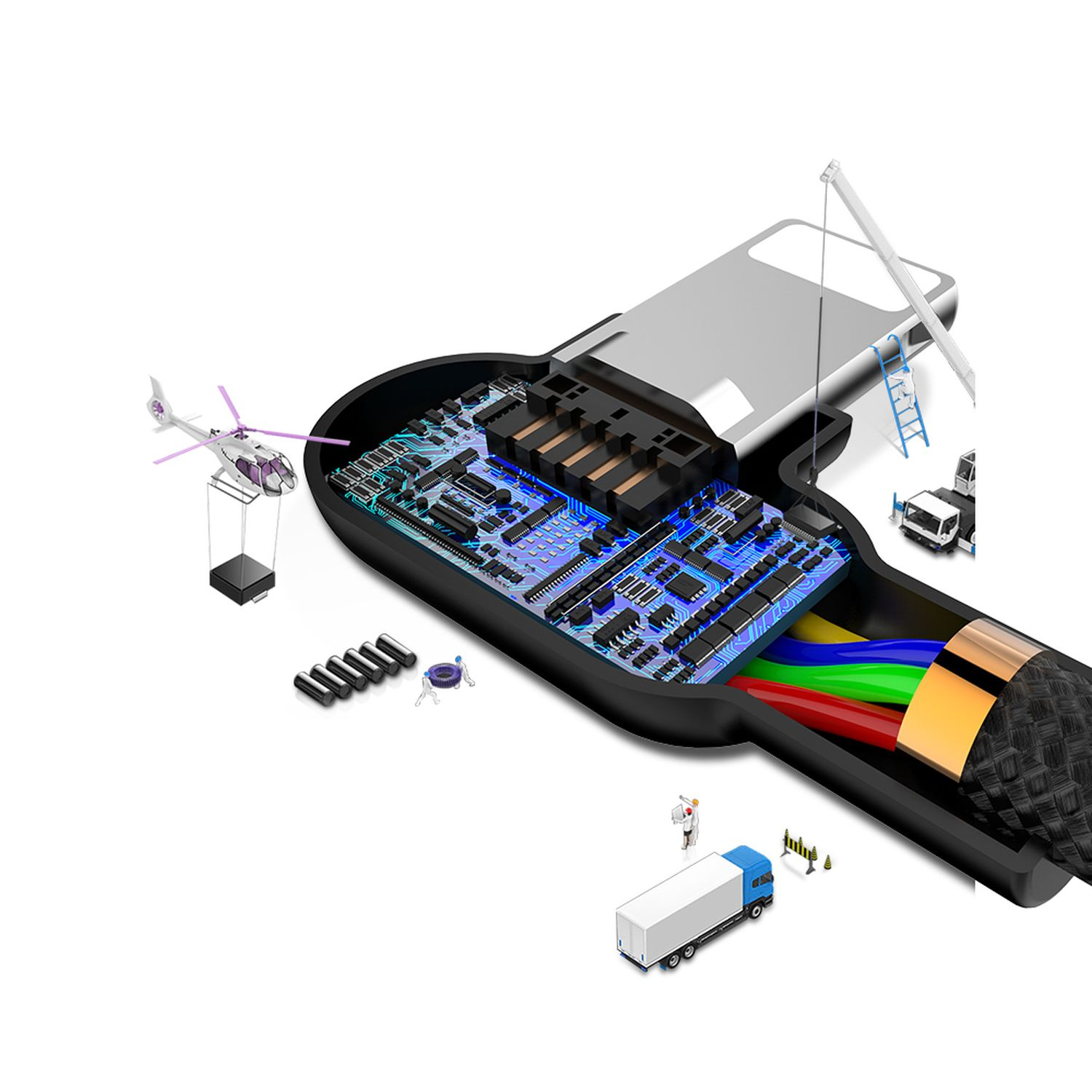 Un cavo con un connettore Lightning è mostrato. La grafica raffigura i componenti interni del cavo e del connettore.