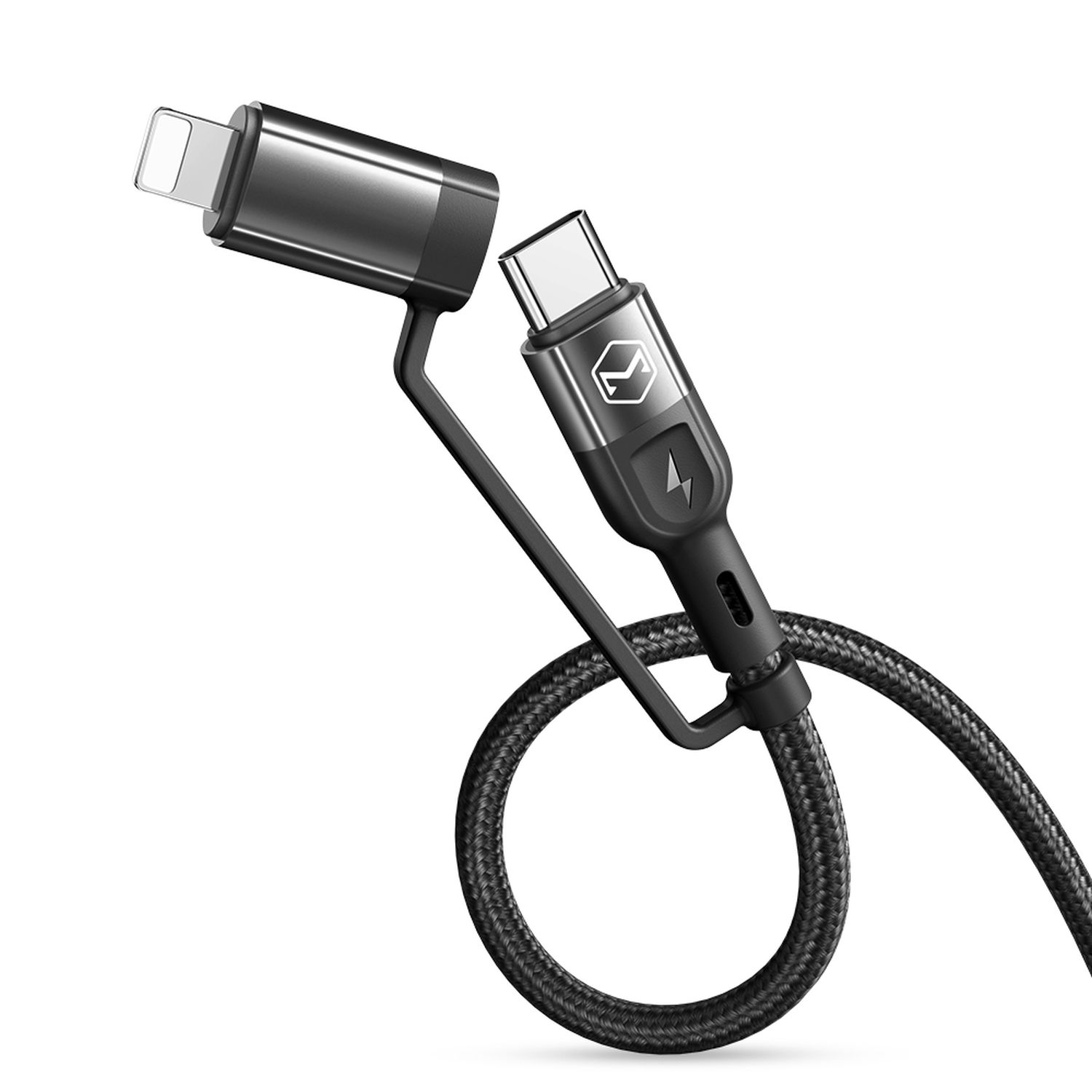 Siyah USB-C'den Lightning kablosuna, döngü şeklinde bükülmüş. Lightning konektörü solda.