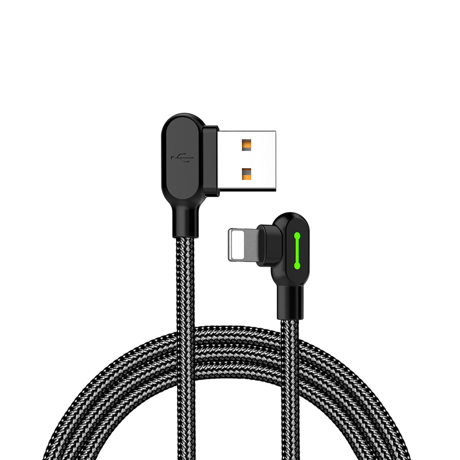 Schwarzes geflochtenes USB-auf-Lightning-Kabel. Der Hintergrund ist weiß.