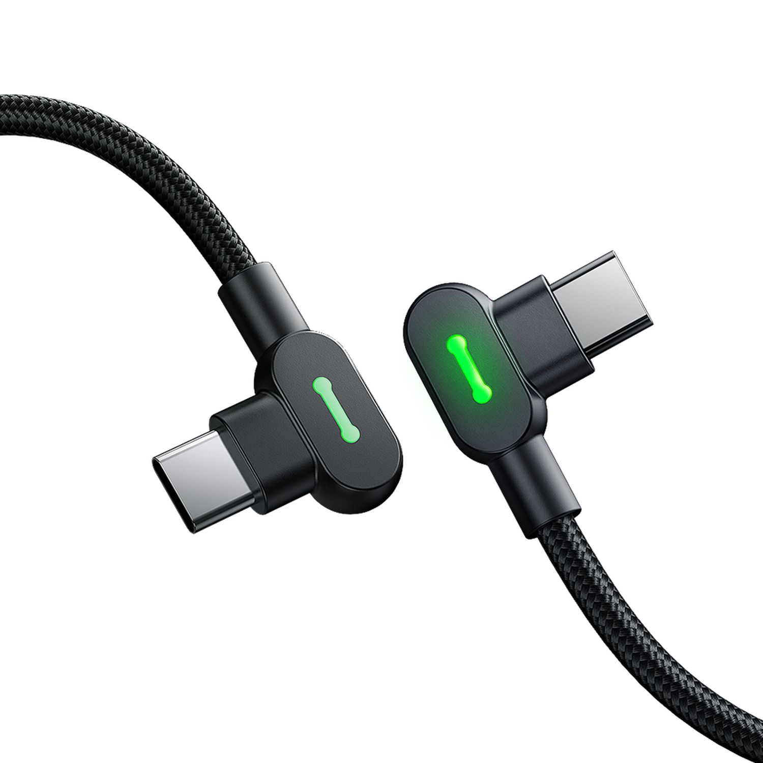 Zwei schwarze, abgewinkelte USB-C-Kabel mit grün leuchtenden Lichtern an den Anschlüssen, isoliert auf weißem Hintergrund.