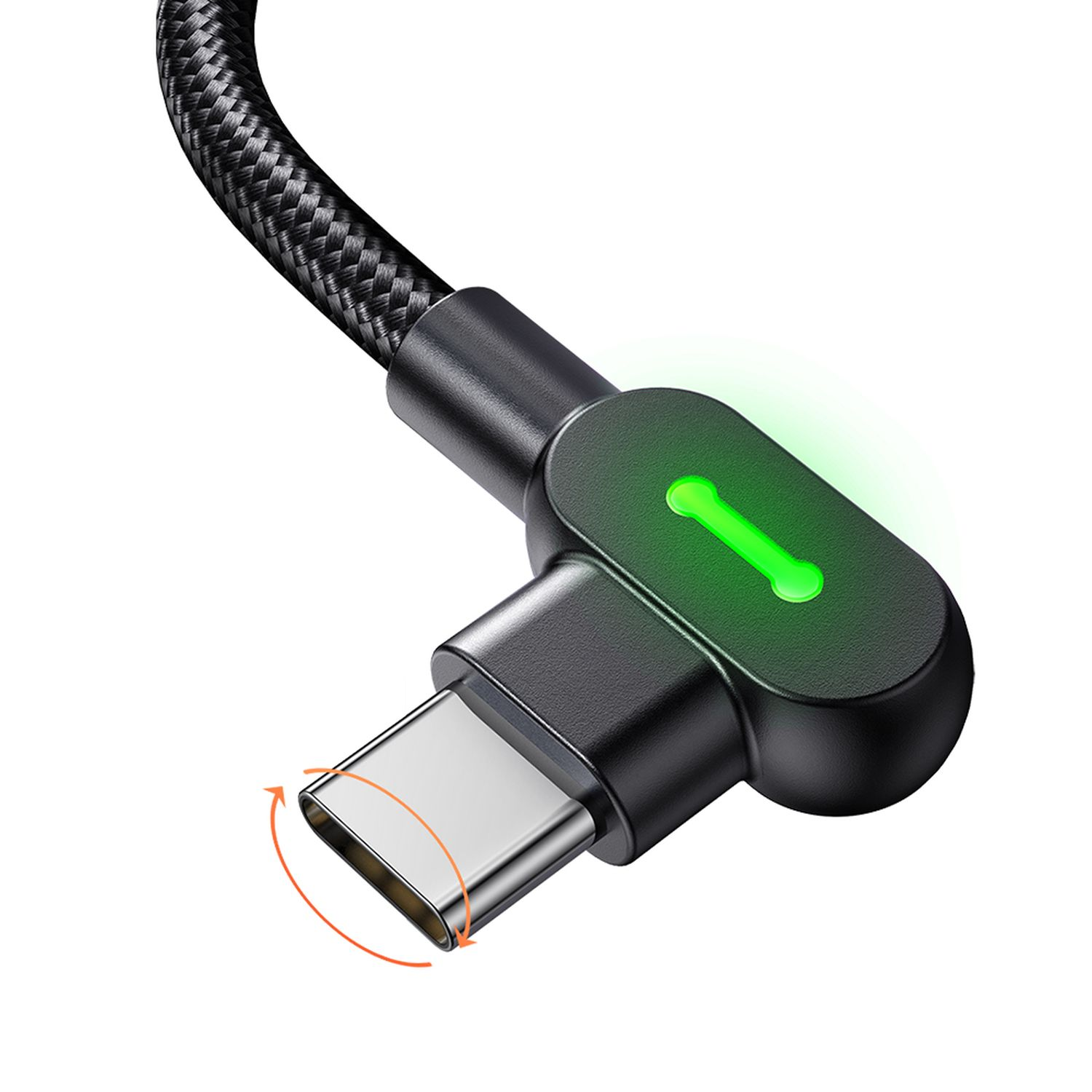 Ein schwarzes und silbernes abgewinkeltes USB-C-Kabel mit grünem Licht. Der Pfeil zeigt die Richtung des Kabels an.