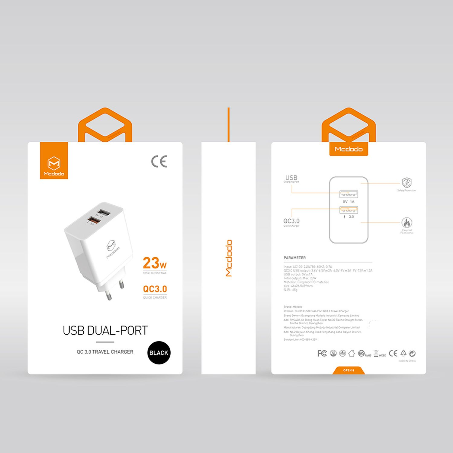 Weißes und schwarzes USB Dual-Port-Ladegerät mit 23W Ausgang, QC 3.0 und schwarzem Kabel.