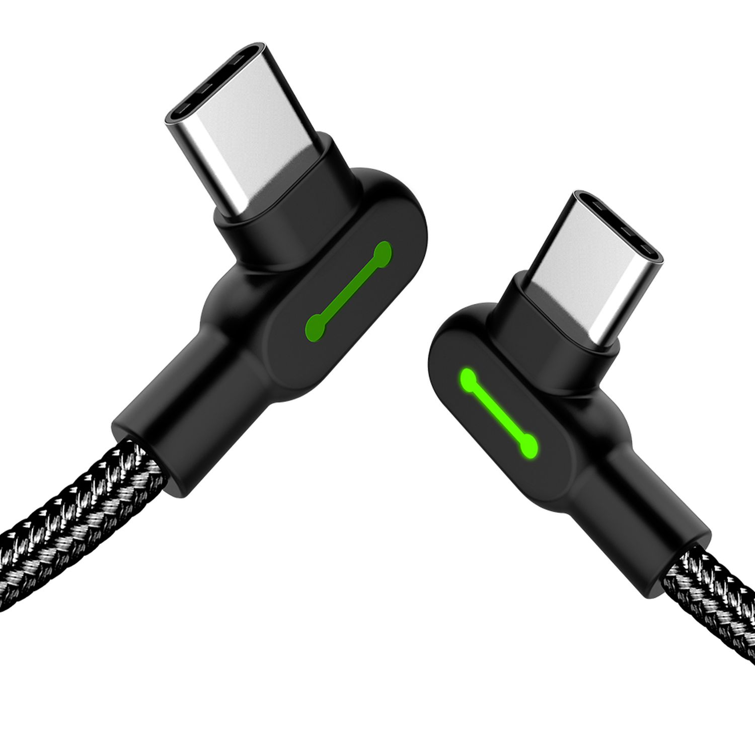Zwei schwarze USB-C-Kabel mit grünen Kontrollleuchten. Schwarz-graues Kabel.