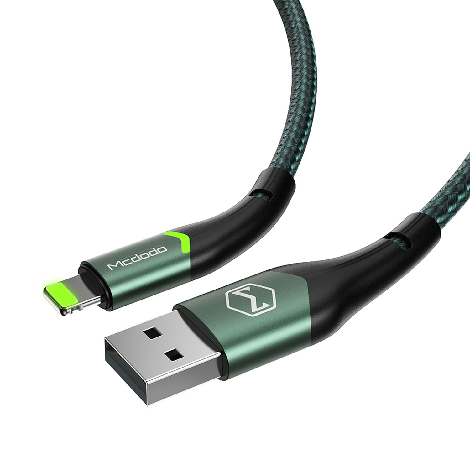 Grünes geflochtenes USB-zu-Lightning-Kabel mit schwarzen Steckern. Das Mcdoado-Logo ist sichtbar.