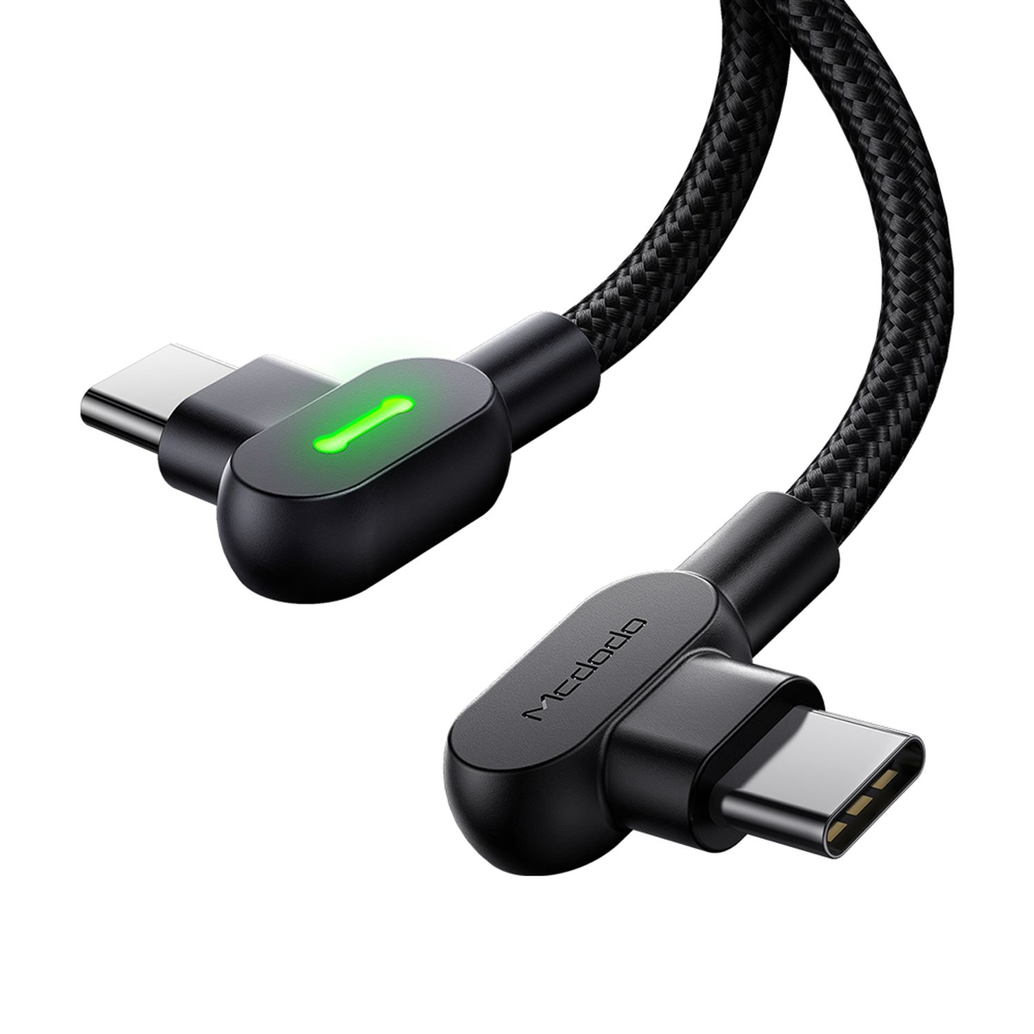 Schwarzes, abgewinkeltes USB-C-Kabel mit grünem Licht. Das Kabel hat eine geflochtene Textur.