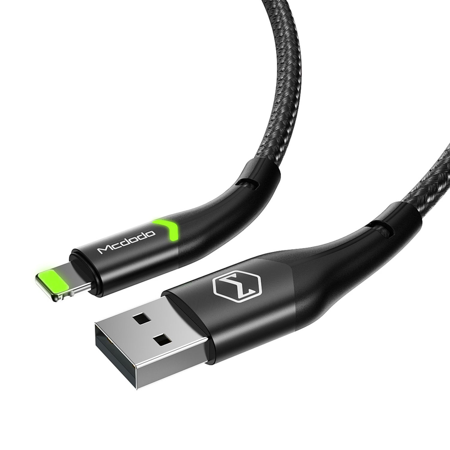 Schwarz-graues geflochtenes Ladekabel mit USB- und Lightning-Anschlüssen, weißer Hintergrund.