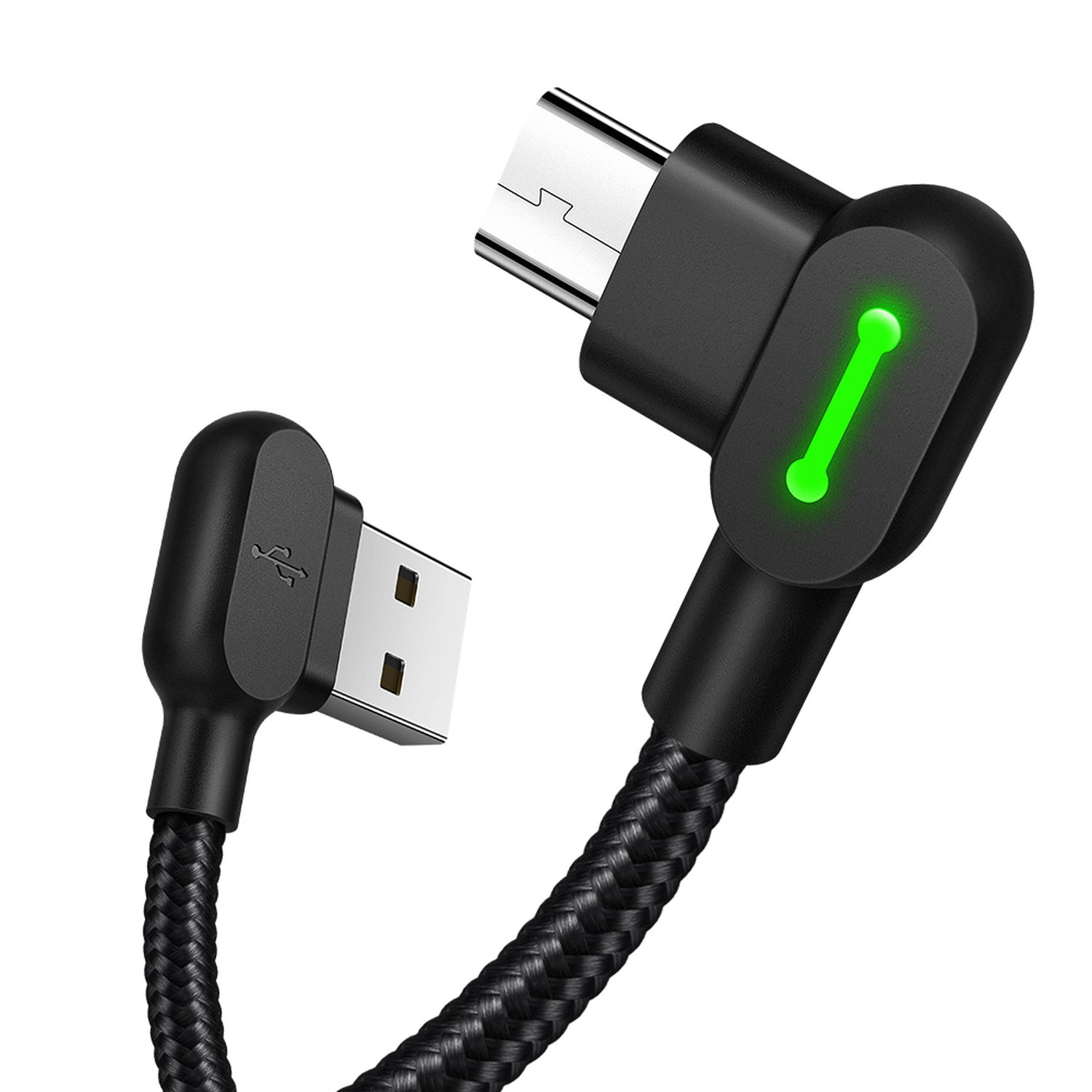 Ein schwarzes USB-C-Kabel mit grüner Kontrollleuchte und einem USB-Anschluss.