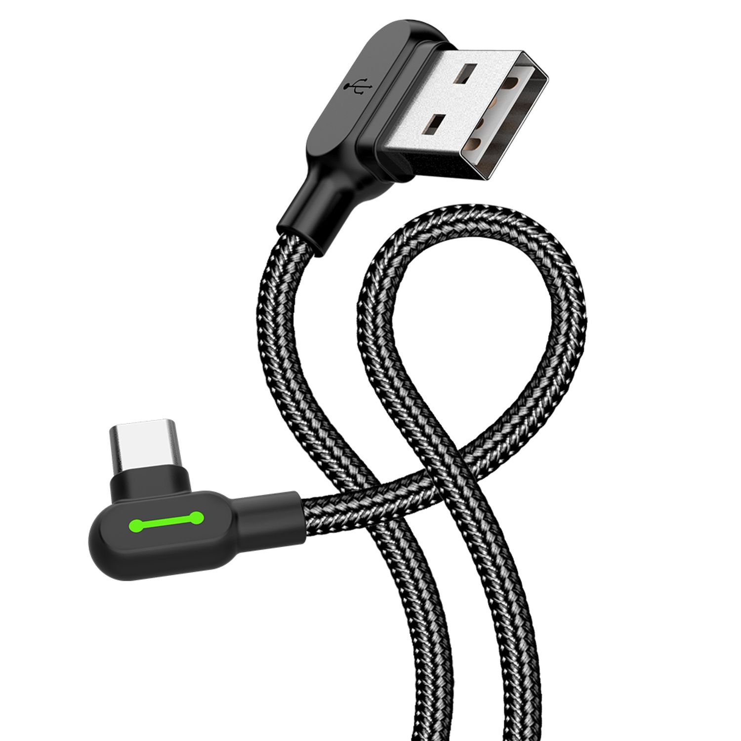 Schwarzes USB-C-Kabel mit einem USB-A-Anschluss und einem USB-C-Anschluss in geflochtenem Muster.