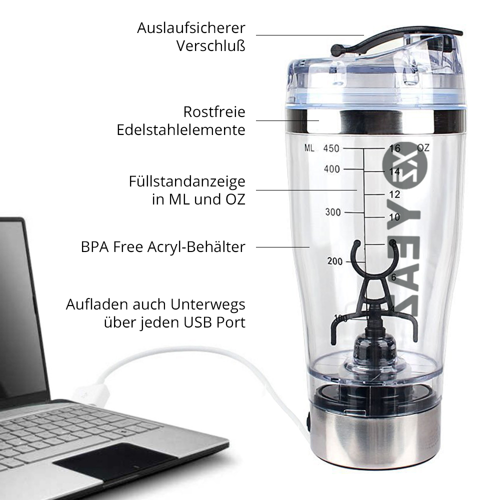 Ein klarer Shaker-Becher mit Messungen, über USB mit einem Laptop verbunden.
