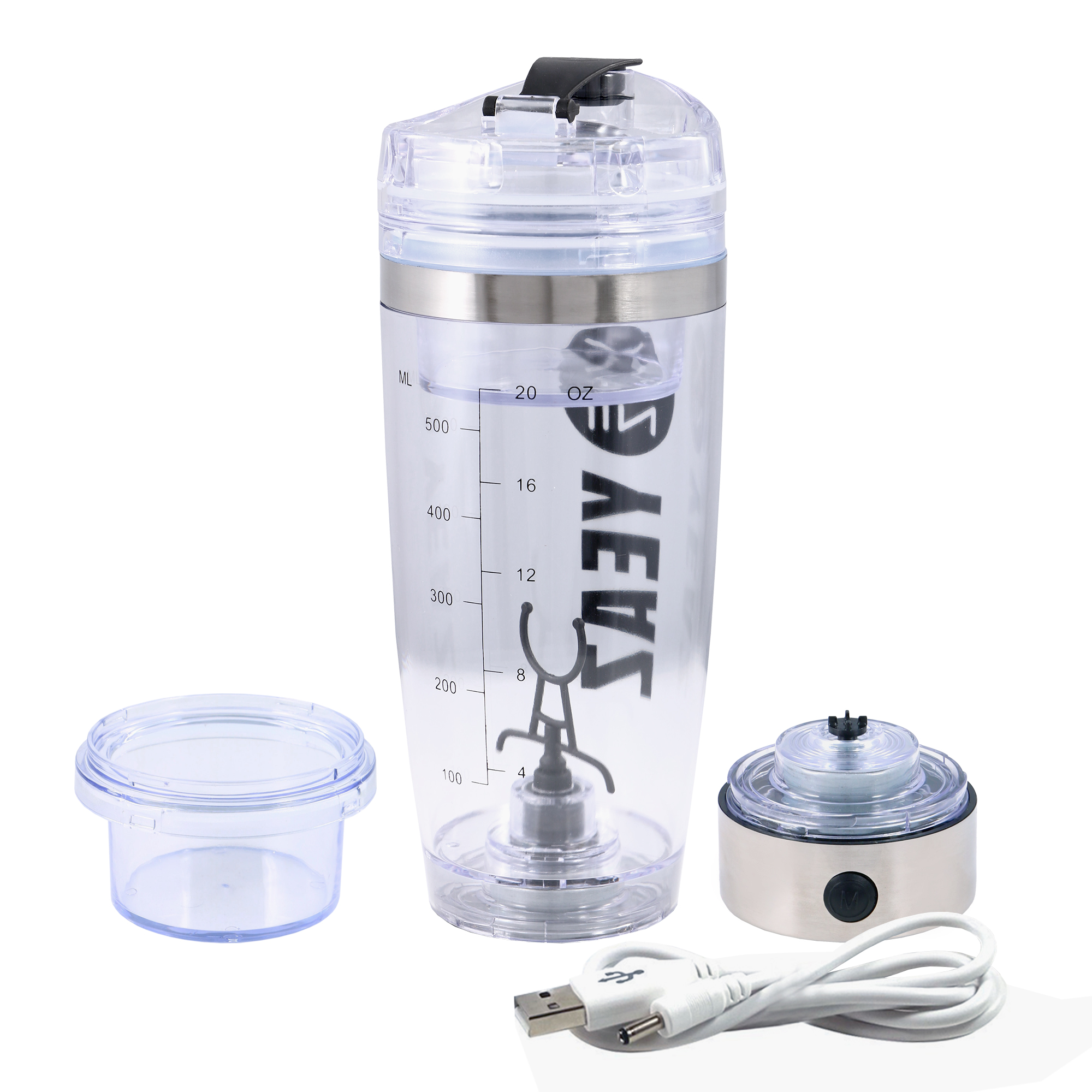 Un vaso mezclador de plástico transparente con medidas, tapa y un recipiente pequeño. Cable USB blanco incluido.