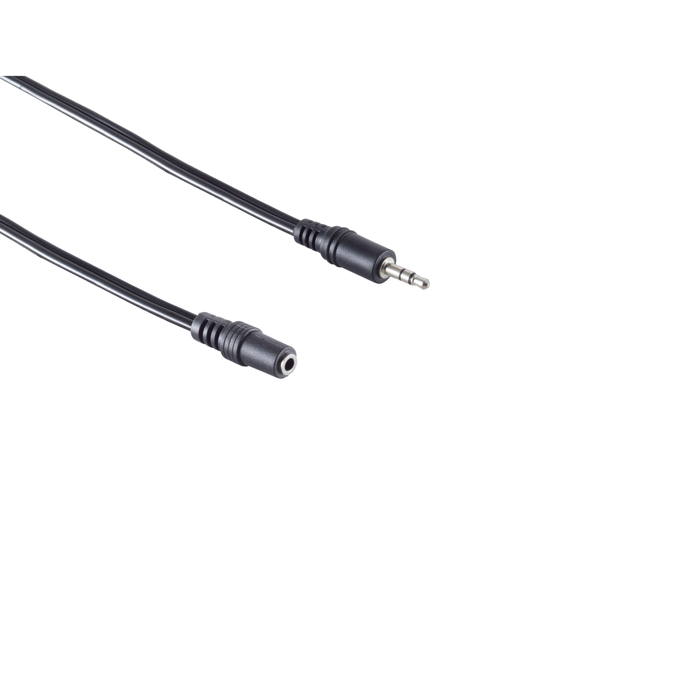 Schwarzes Audiokabel mit 3,5-mm-Klinke und Buchse. Auf weißem Hintergrund.