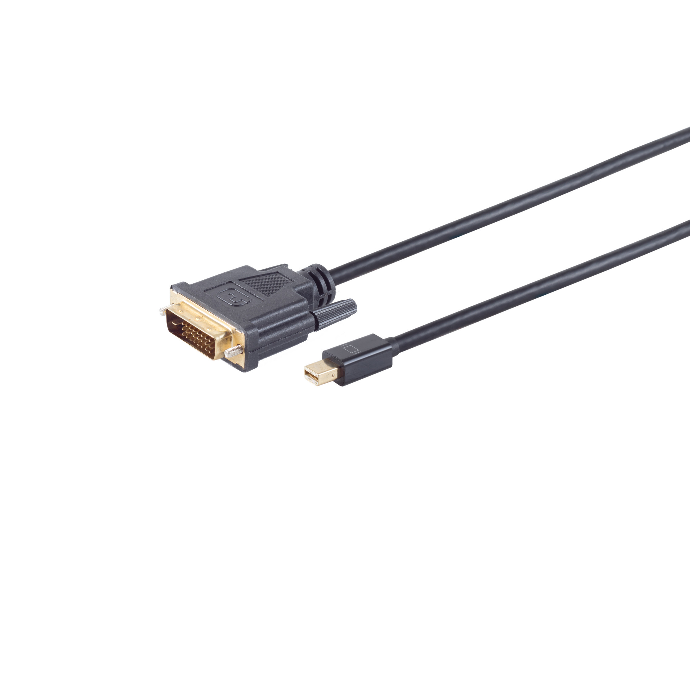 Ein schwarzes Kabel mit DVI- und Mini-USB-Anschluss auf weißem Hintergrund.