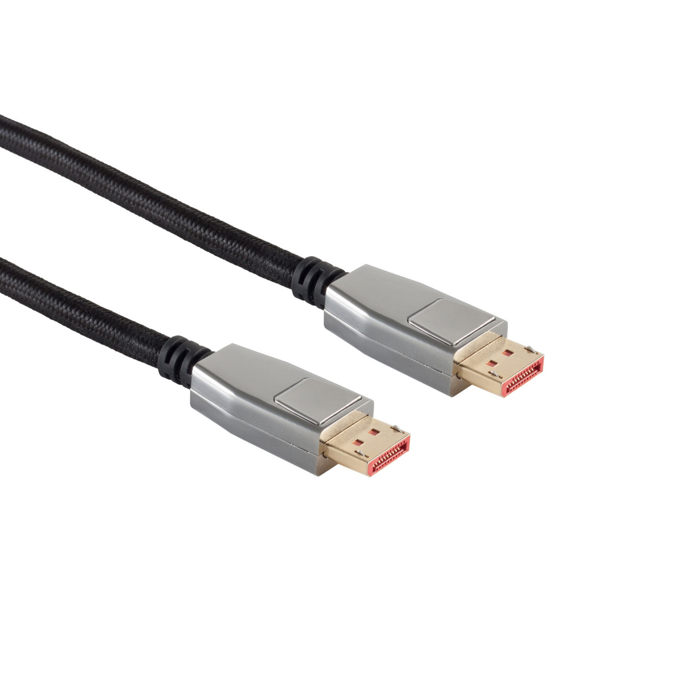 Schwarzes DisplayPort-Kabel mit silbernen Steckern, weißer Hintergrund.