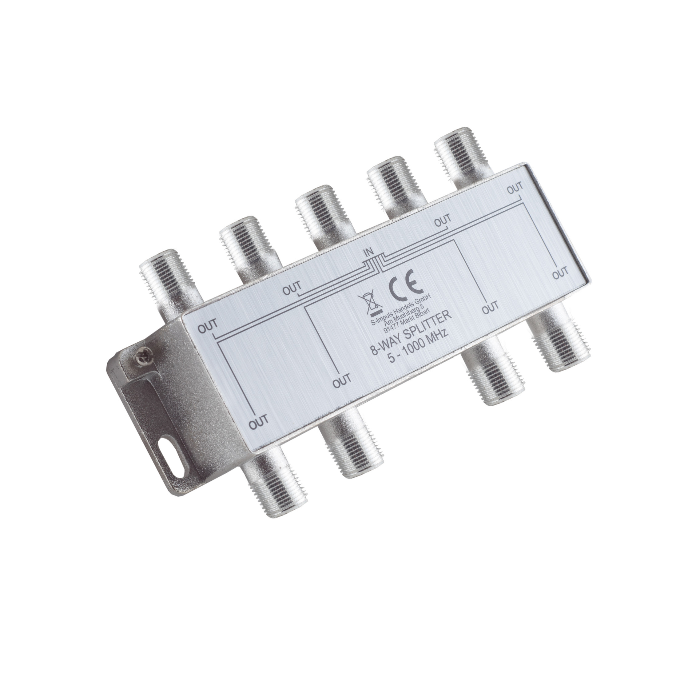Silberner 8-fach-Splitter mit mehreren Ausgangsanschlüssen und weißem Hintergrund.