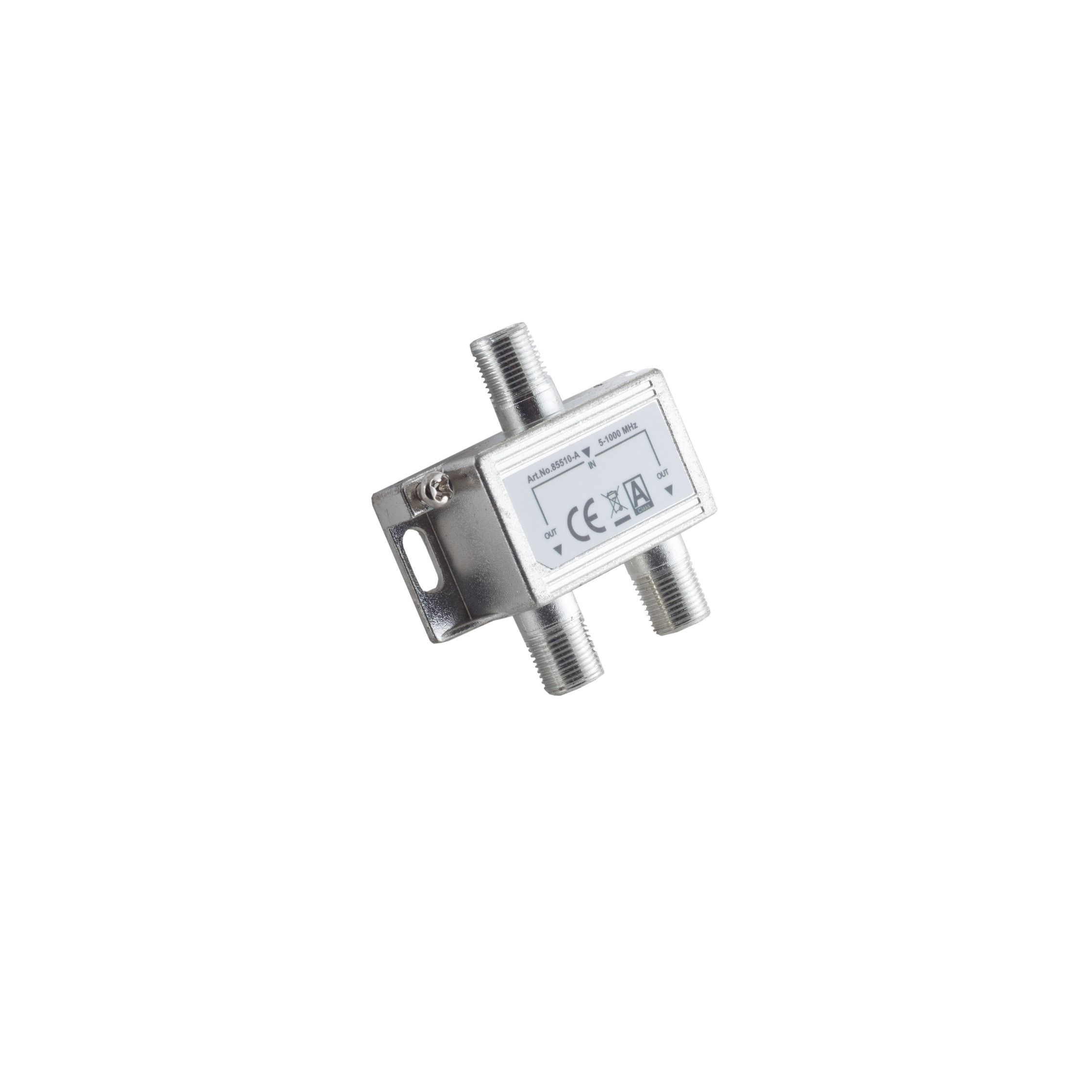Silberner Satellitensignal-Splitter mit drei Schraubanschlüssen.