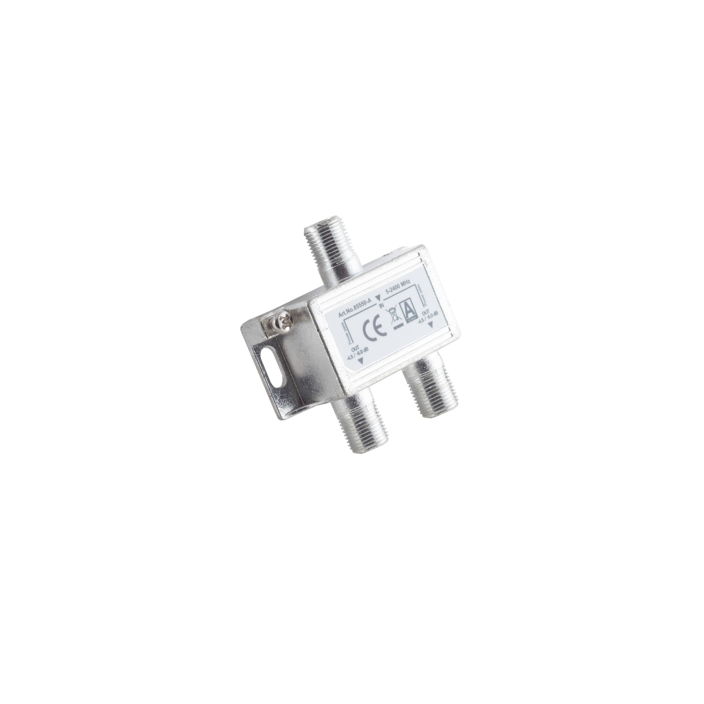 Ein silberner Satellitensignal-Splitter. Weißer Hintergrund.