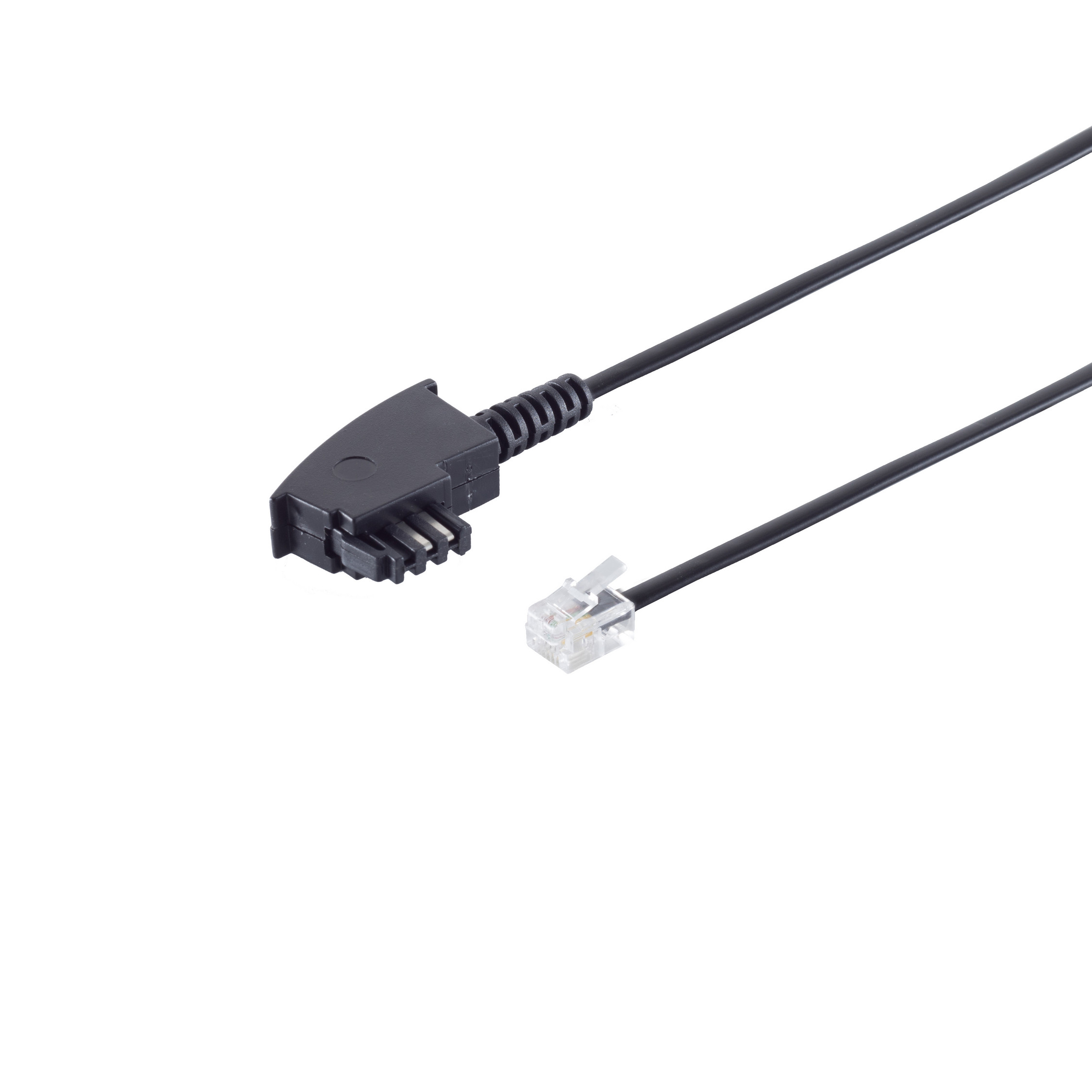 Schwarzes Telefonkabel mit RJ11-Stecker und abgewinkeltem Stecker auf weißem Grund.