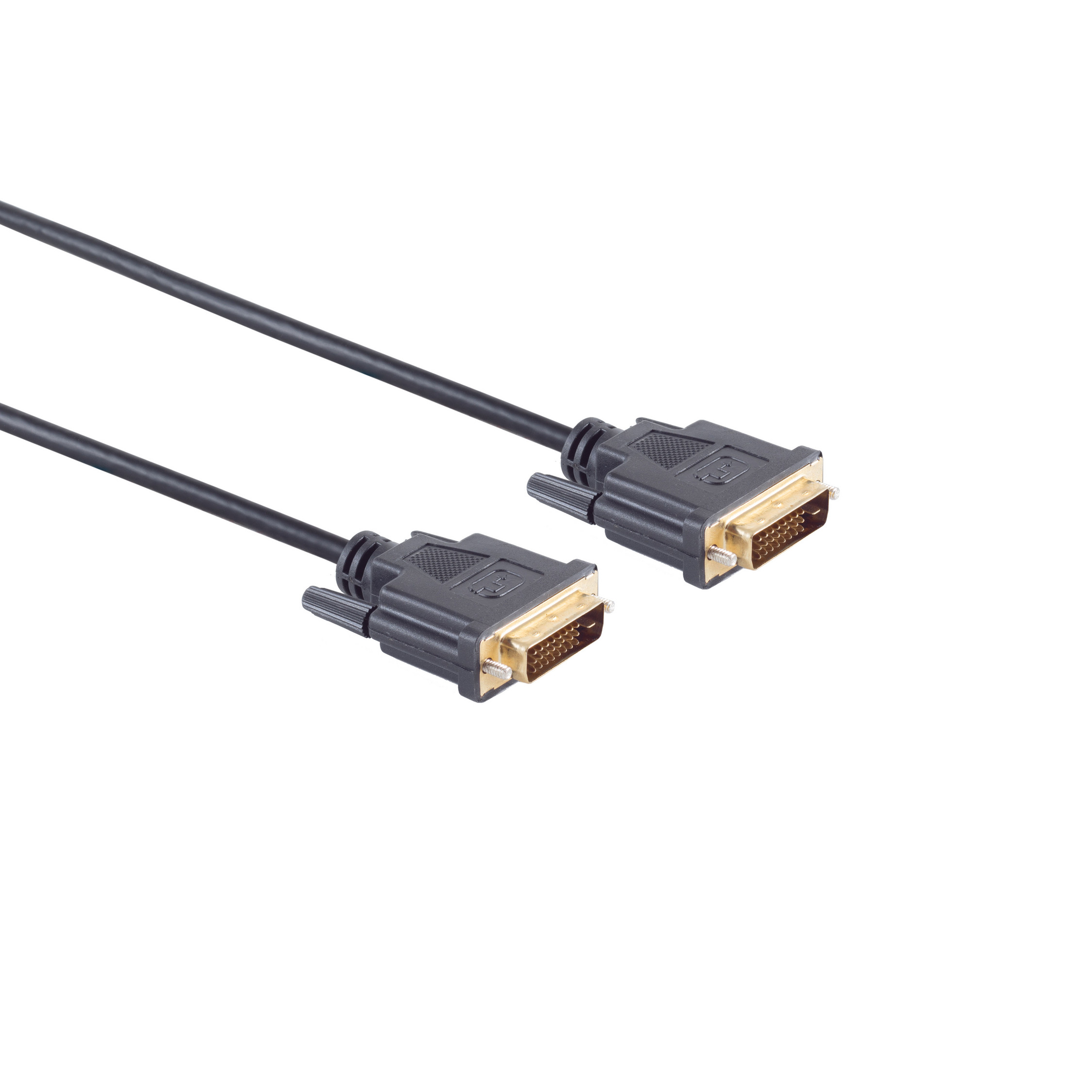 Schwarzes DVI-Kabel mit goldenen Steckern auf weißem Hintergrund.