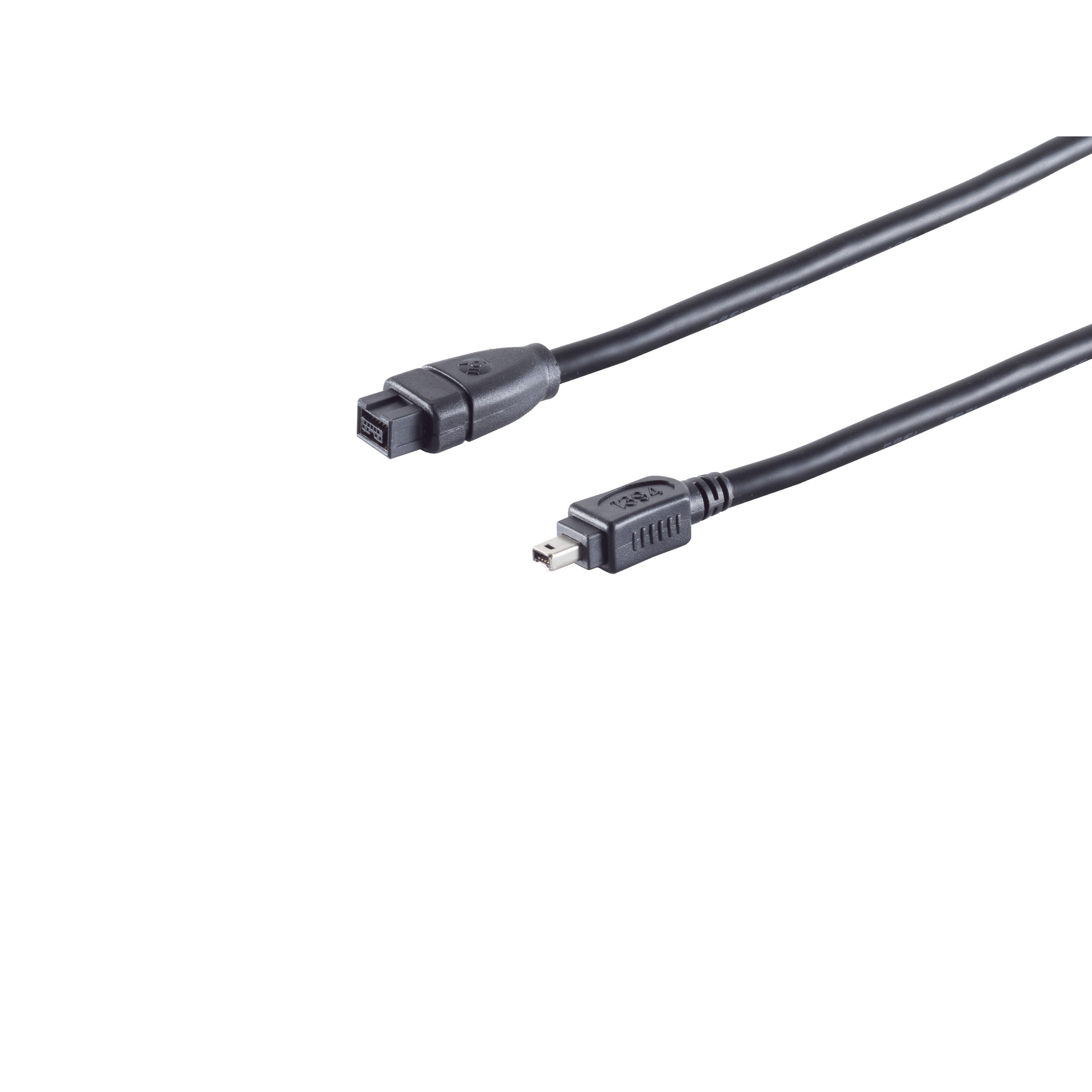 Zwei schwarze Kabel, die mit einem Gerät verbunden sind. Eines hat einen USB-A-Stecker, das andere einen Mini-USB.