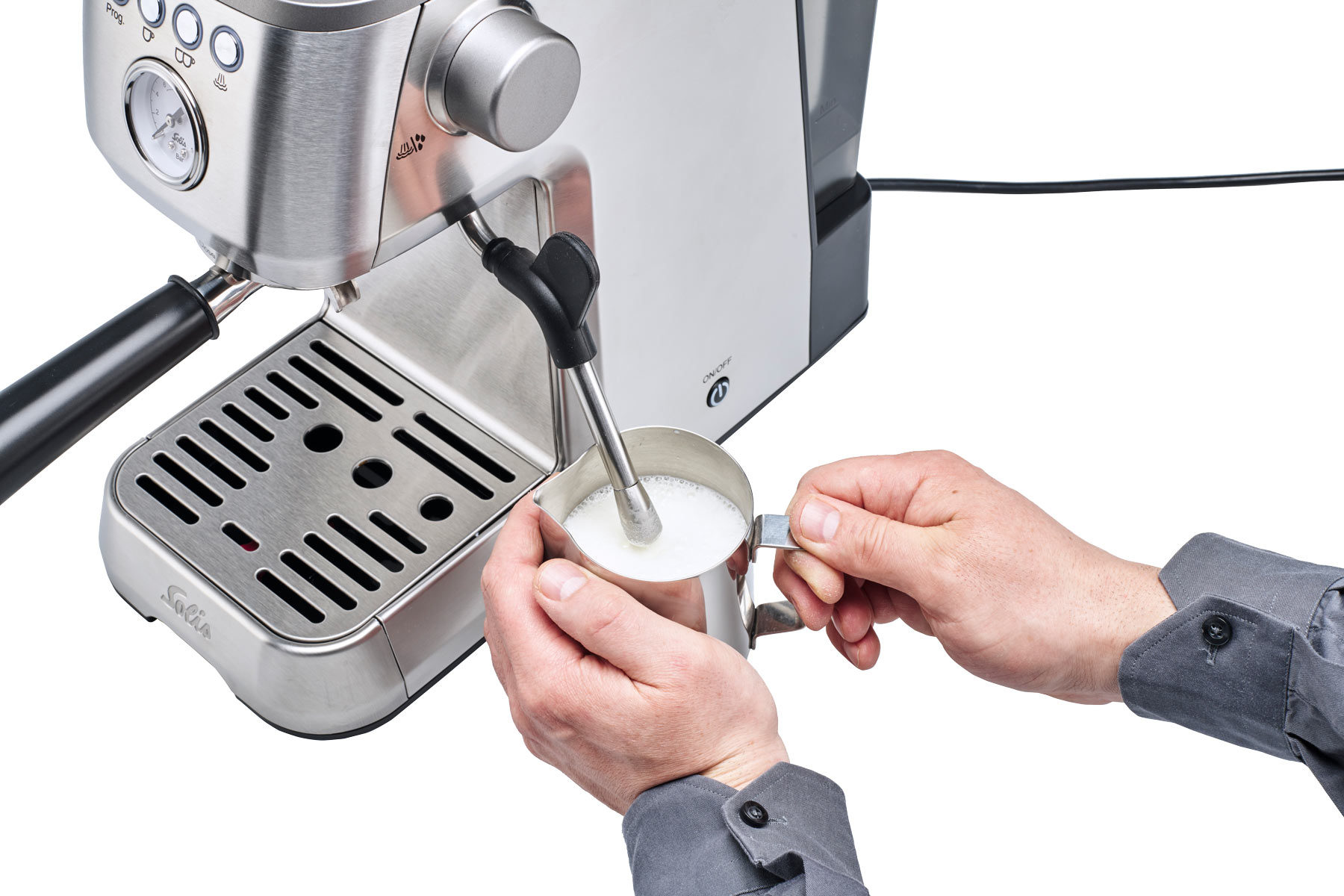 Espressomaschine | SWITZERLAND Milchaufschäumer OF Plus Barista Perfetta Silber | SOLIS 1170 Siebträgermaschine V2