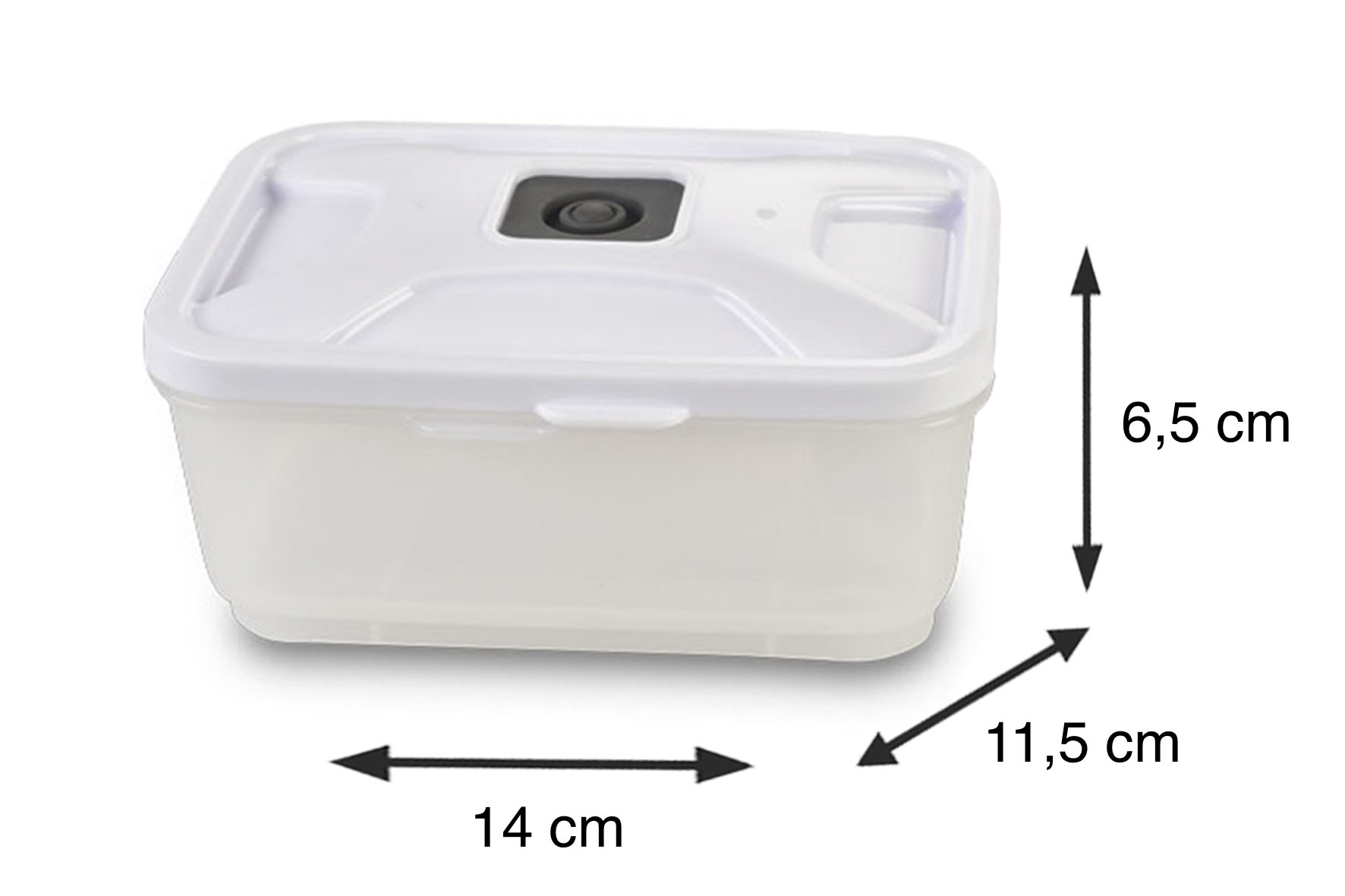 Eine weiße Plastikbox mit Deckel und schwarzen Maßen.