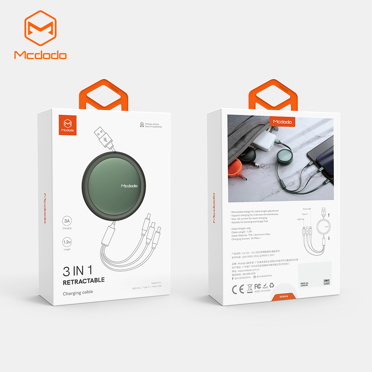 MCDODO 3in1 Micro Datenkabel, C & 1,2 USB Ladekabel, iPhone Lightning Typ m, USB (iOS) Schwarz & selbstaufrollend