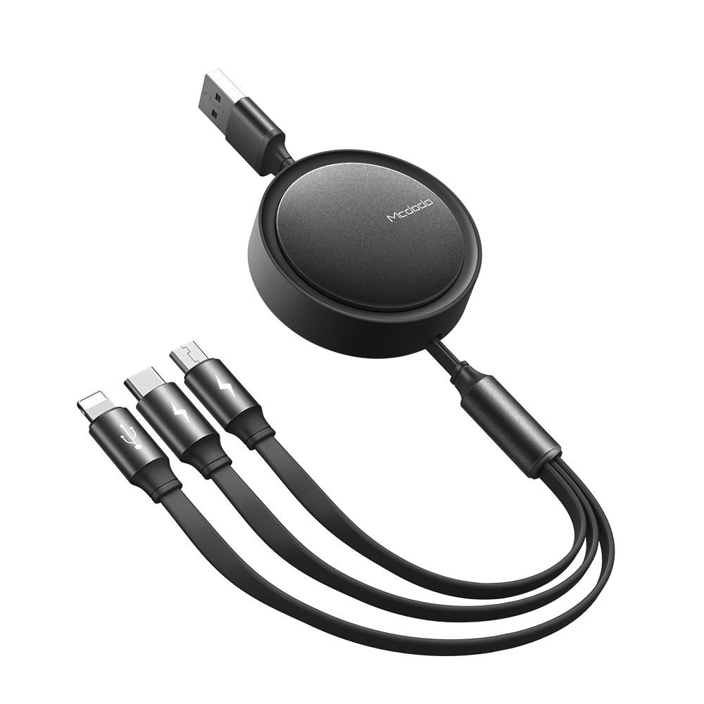 MCDODO 3in1 Micro USB Ladekabel, Lightning selbstaufrollend & (iOS) Schwarz m, 1,2 USB & Datenkabel, Typ C iPhone