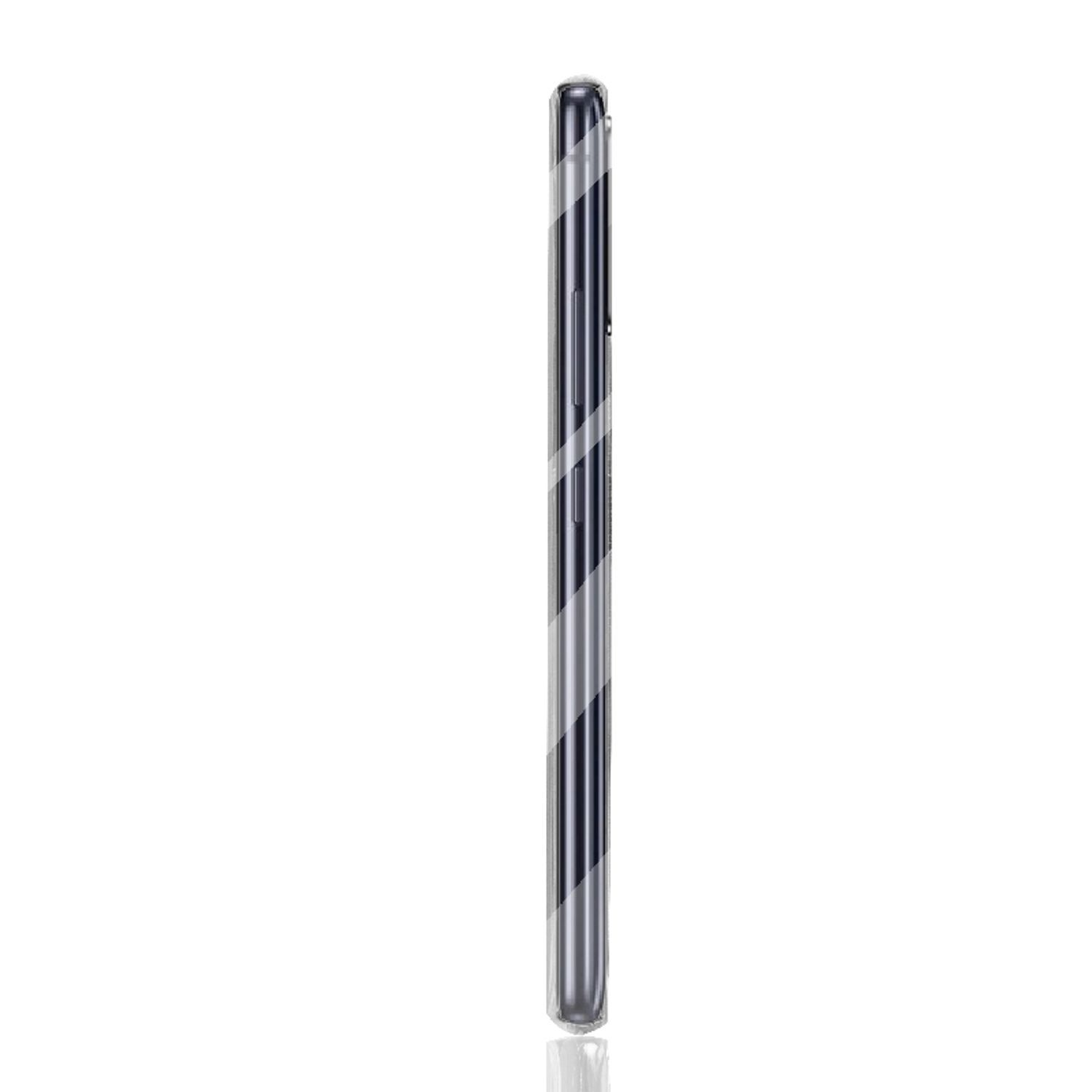 Telefon-Seitenansicht, gestreiftes Design. Schwarzer Körper, transparente Hülle, silberne Streifen. Weißer Hintergrund.