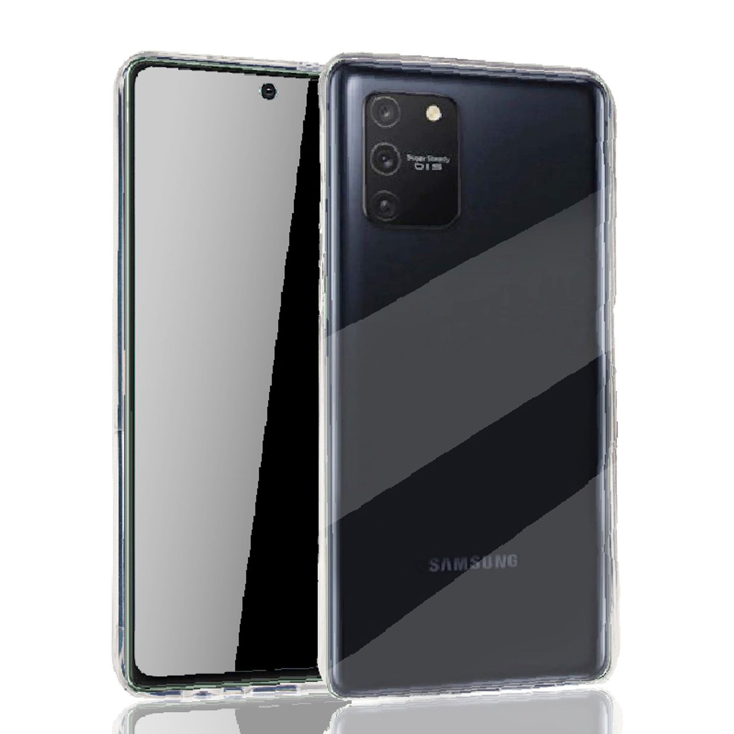 Transparente Handyhülle mit Telefon, Rückseite schwarz mit Samsung-Logo.