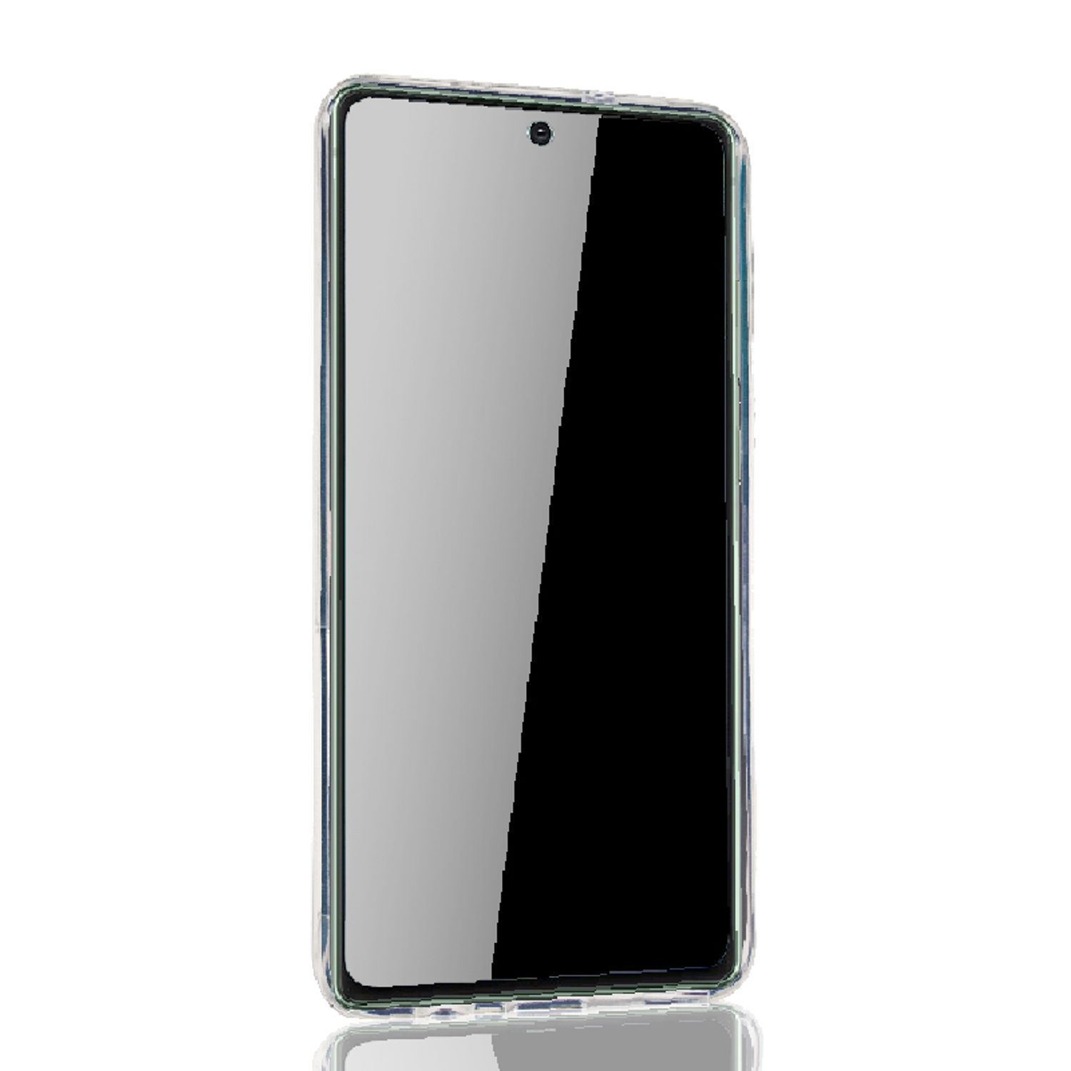Telefon in klarer Hülle, Bildschirm an, mit hellem Hintergrund. Minimalistisches Design.