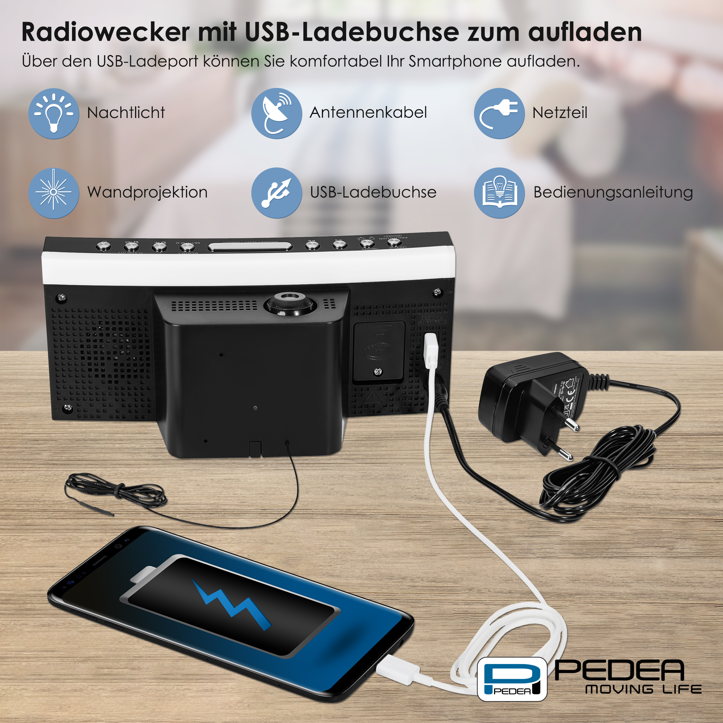 Ein schwarzer digitaler Wecker mit USB-Ladegerät, angeschlossenem Telefon und Funktionssymbolen.