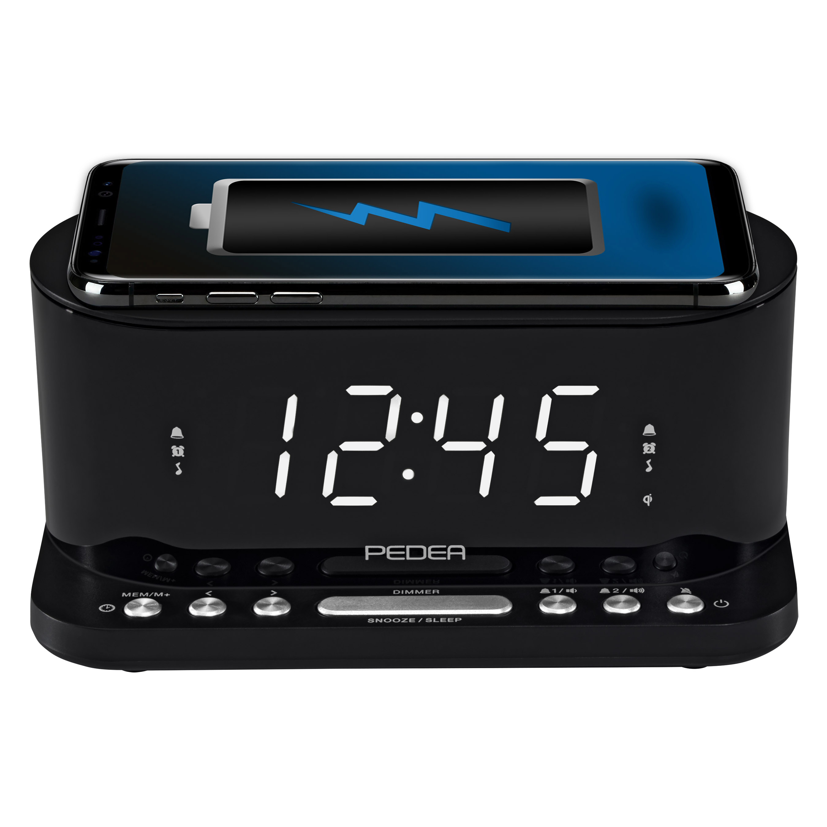 Reloj despertador digital negro con carga de teléfono en la parte superior. La pantalla muestra la hora 12:45.