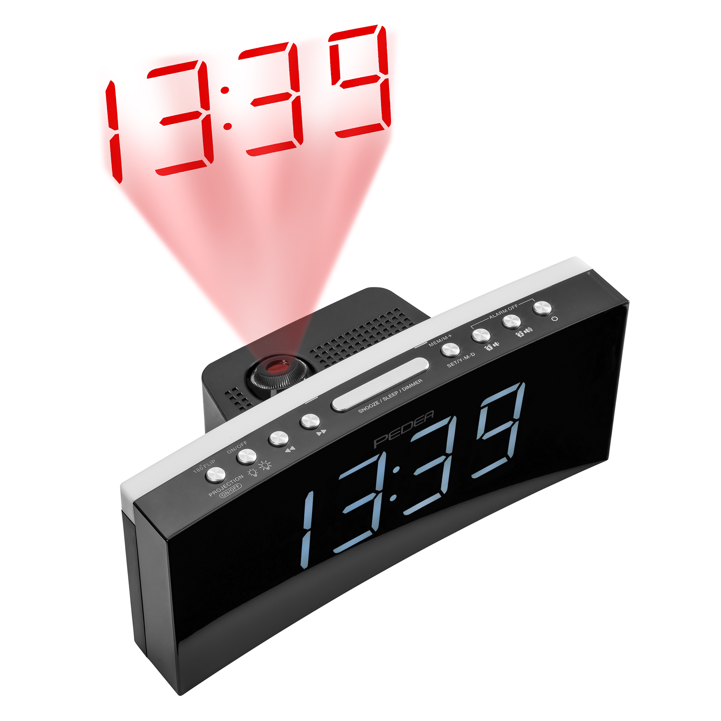 Schwarze Digitaluhr mit roten Zahlen, die die Zeit projizieren. Die Uhr steht auf weißem Untergrund.