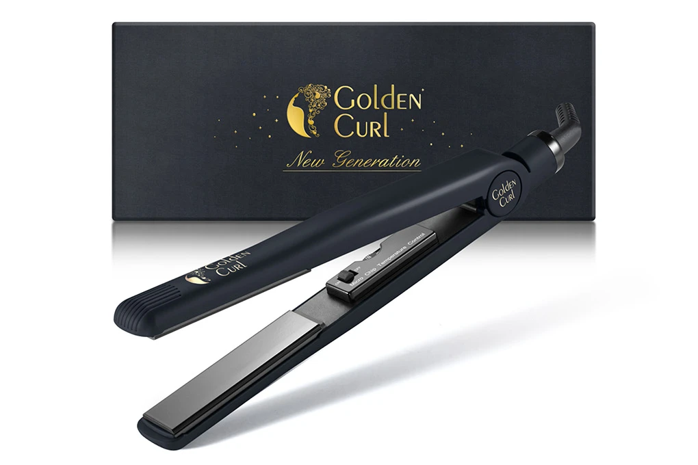Ein schwarzes Golden Curl Glätteisen befindet sich vor einer schwarzen Schachtel mit dem Golden Curl Logo.