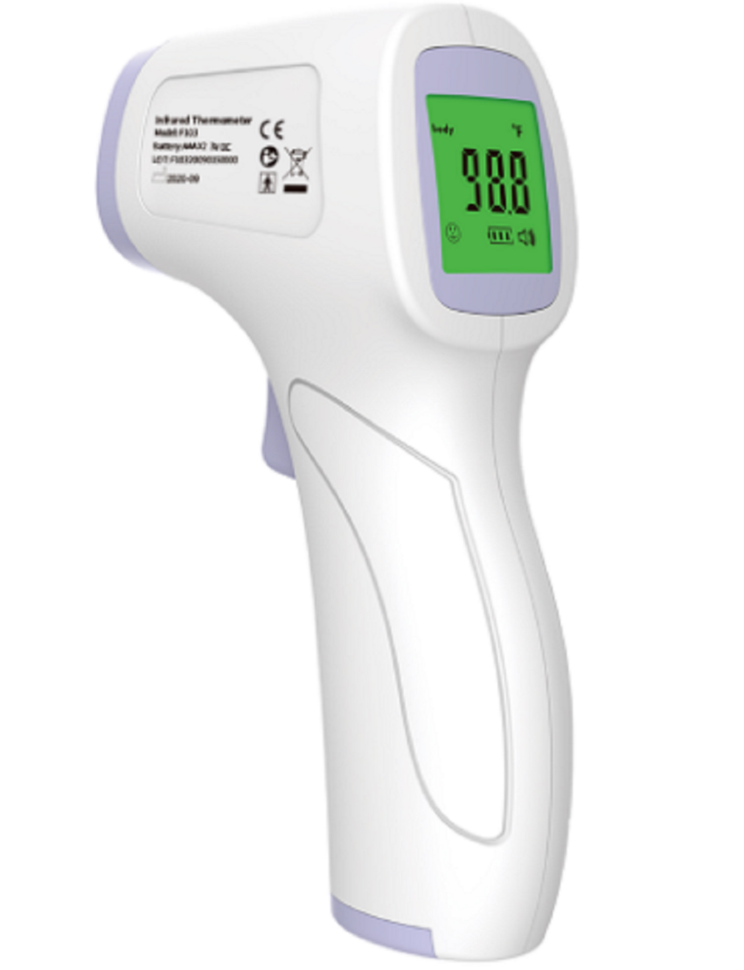 Ein weißes Infrarot-Thermometer zeigt 98,8 Grad an. Hat eine grüne Anzeige.