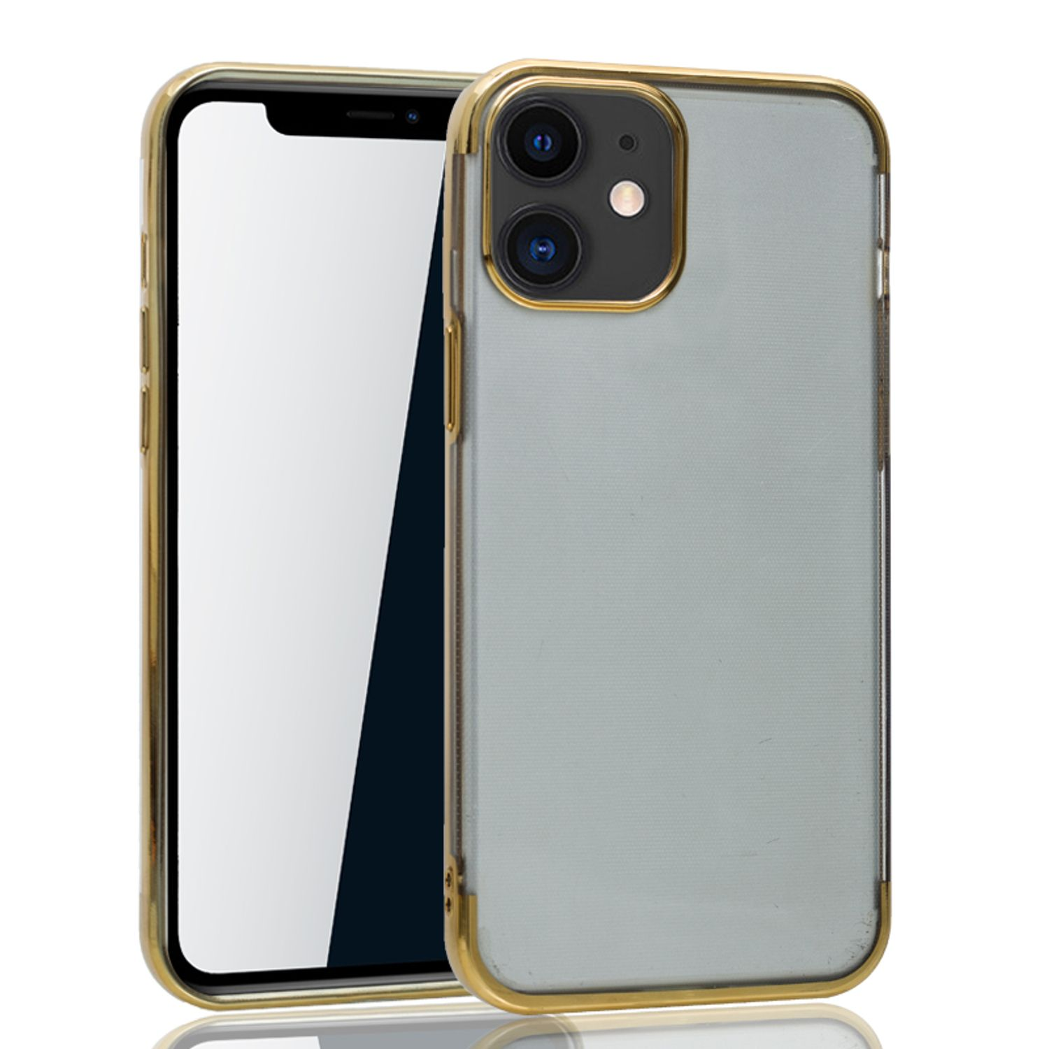 Smartphone in einer goldgerahmten Hülle. Das Telefon steht auf weißem Hintergrund.