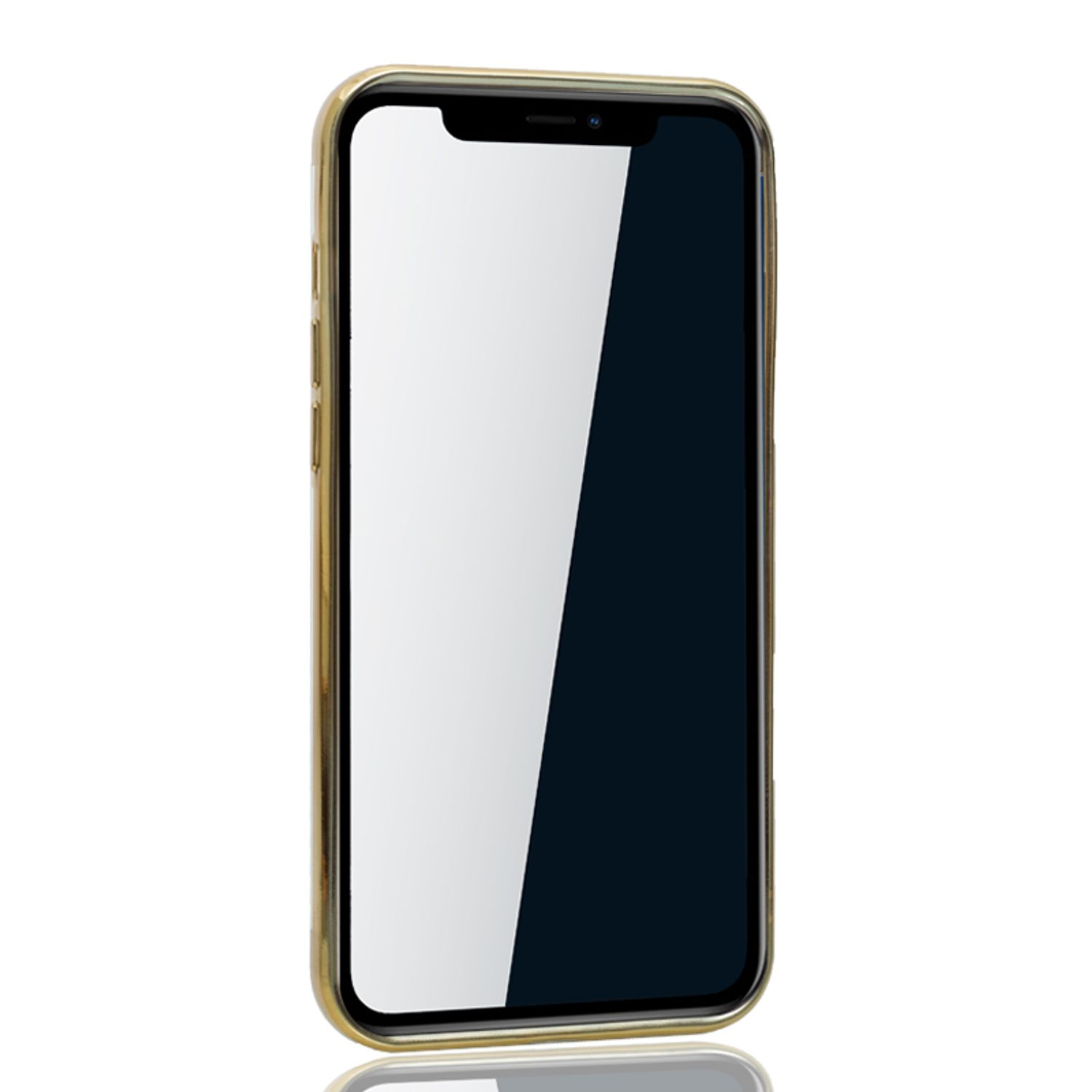 Ein Smartphone mit goldenem Gehäuse und leerem schwarzem Bildschirm, spiegelt sich.