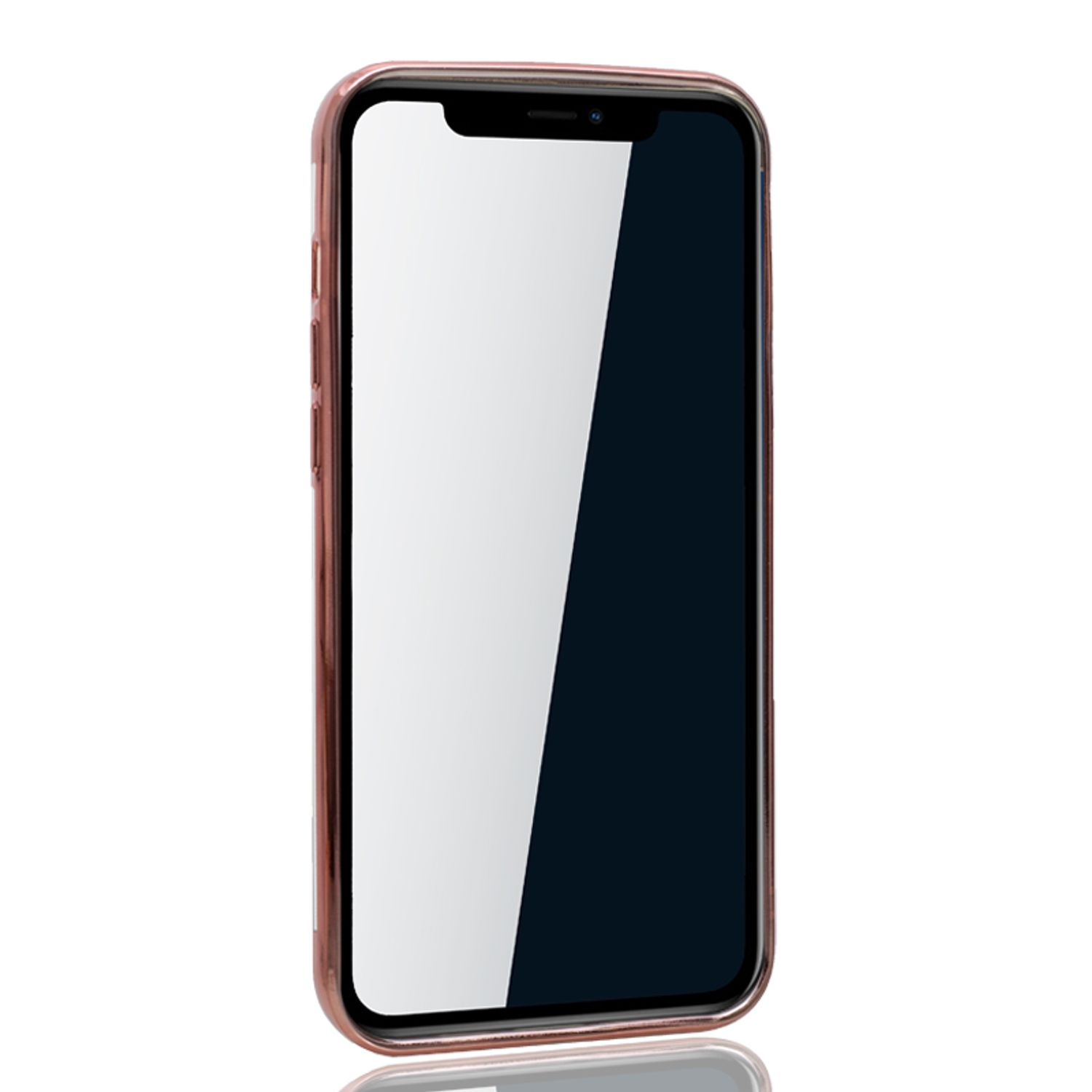 Smartphone in roségoldenem Gehäuse, Bildschirm beleuchtet, vor weißem Hintergrund.