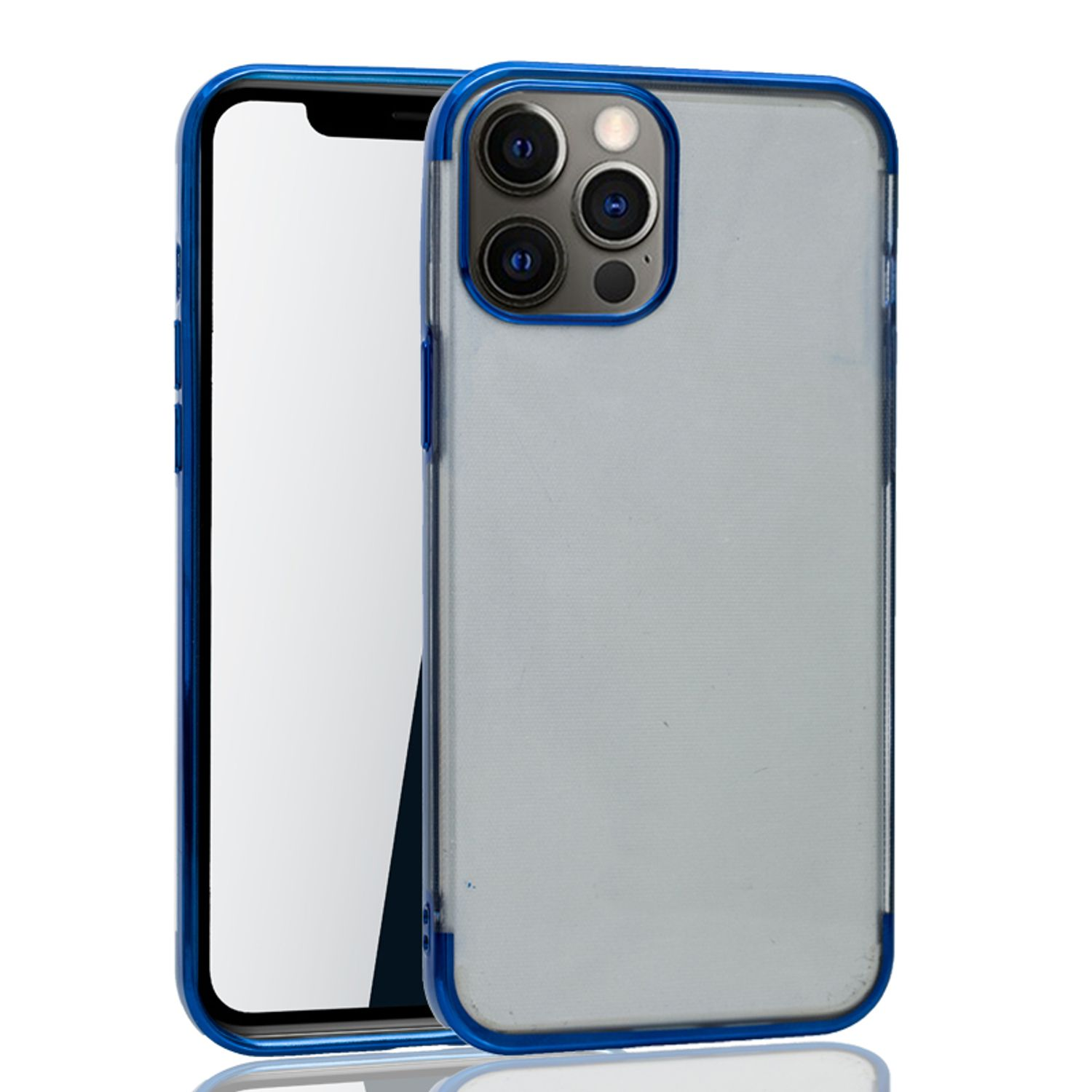 Ein Smartphone mit einer blau umrandeten, transparenten Hülle, das den Bildschirm und die Kameras des Telefons zeigt.