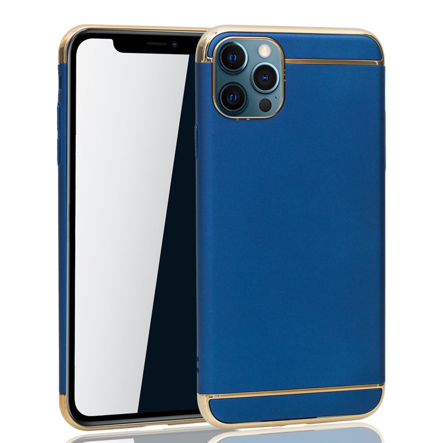Eine blaue Handyhülle mit goldenen Akzenten, die die Kamera des Telefons und einen weißen Bildschirm zeigt.