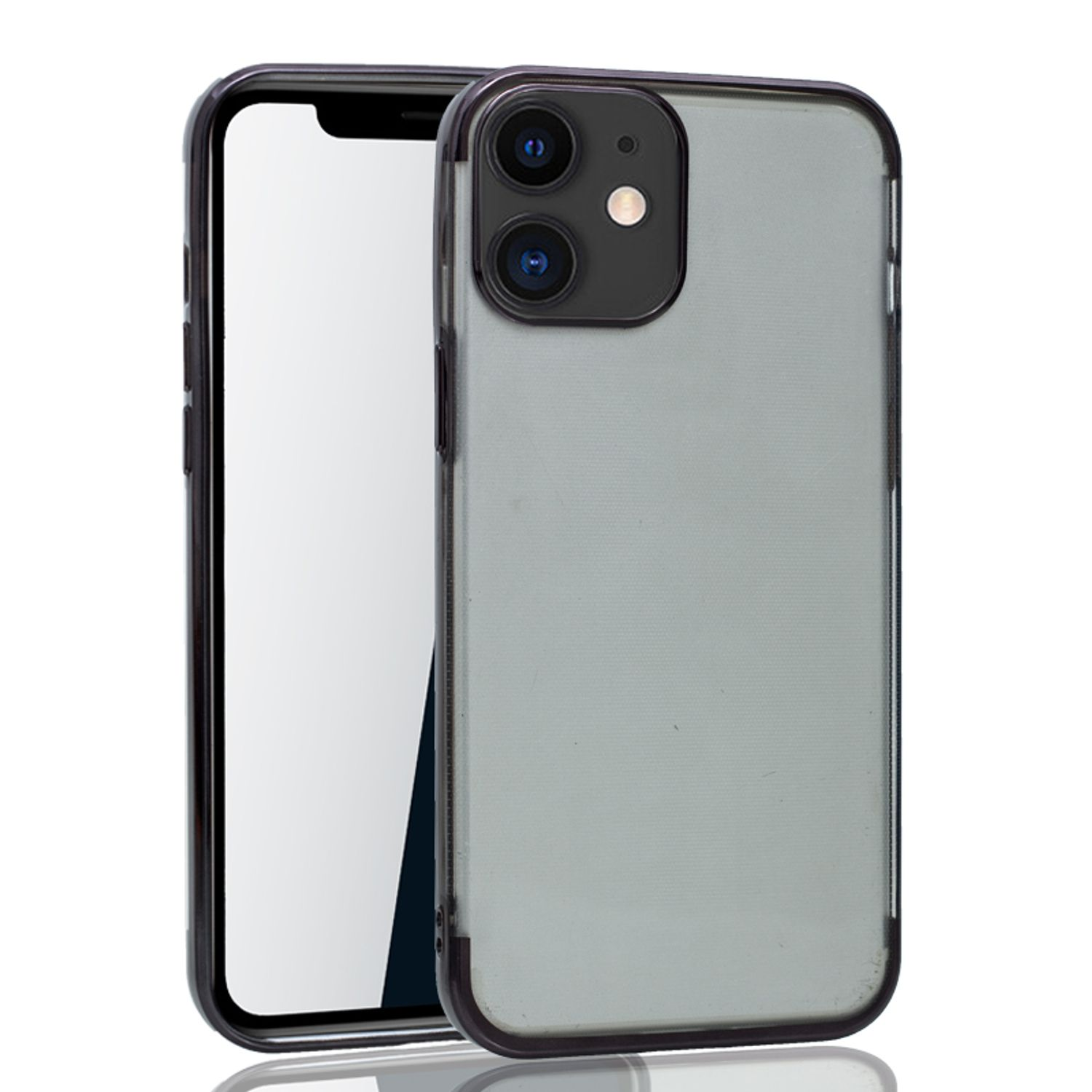 Schwarzes Smartphone mit klarer Hülle, zwei Rückkameras.