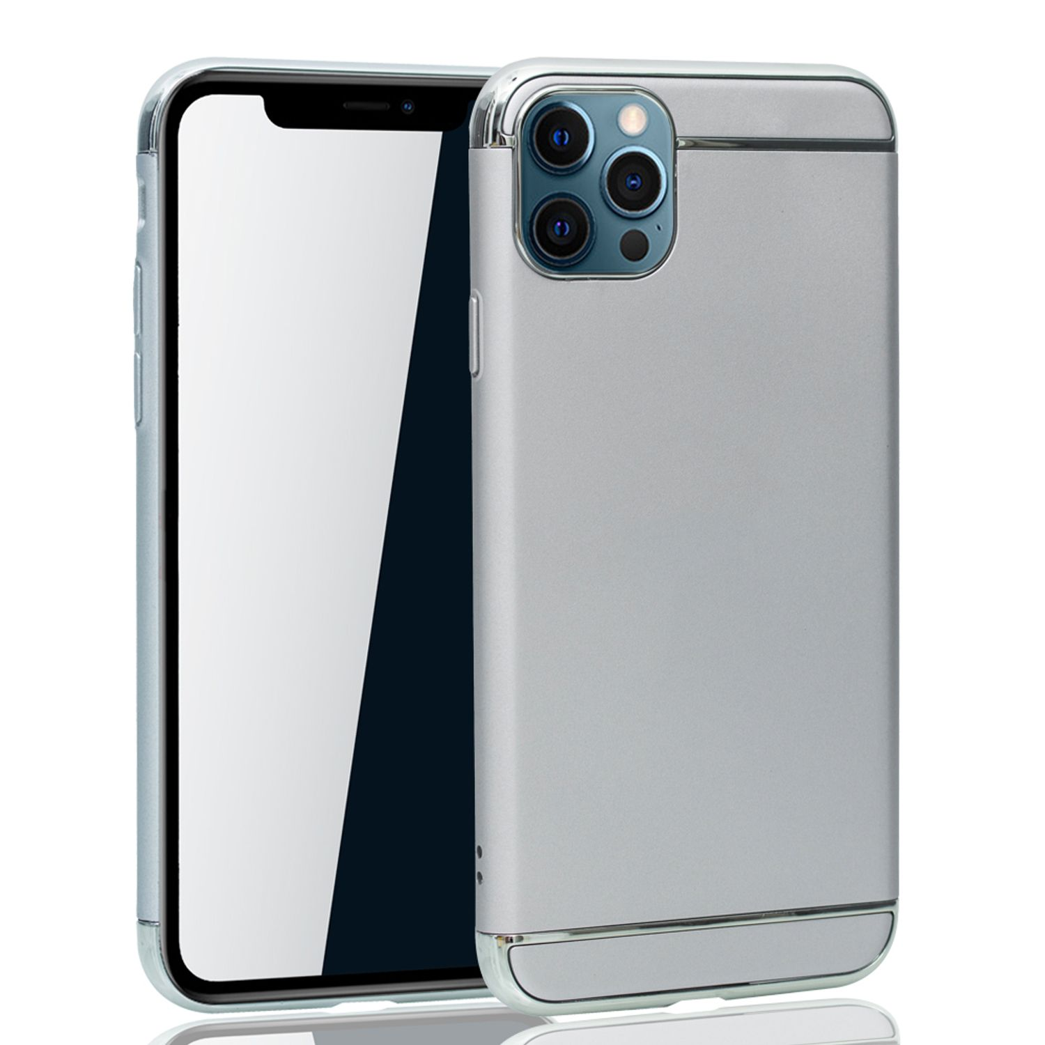 Silbernes Telefon mit Hülle. Hülle hat einen metallisch silbernen Rahmen. Weißer Hintergrund.