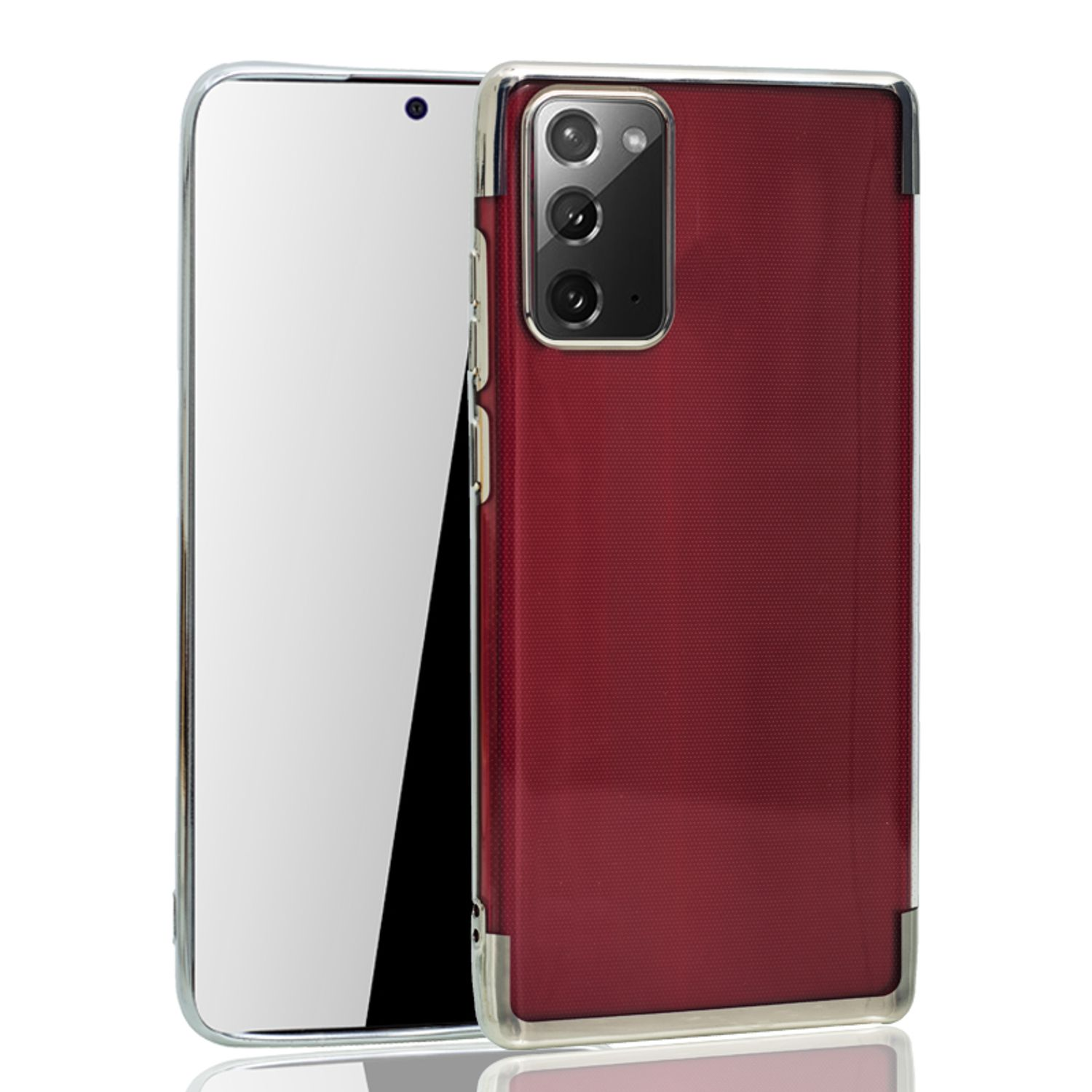 Rote Handyhülle mit Telefon. Silberner Zierrat, Glasbildschirm.