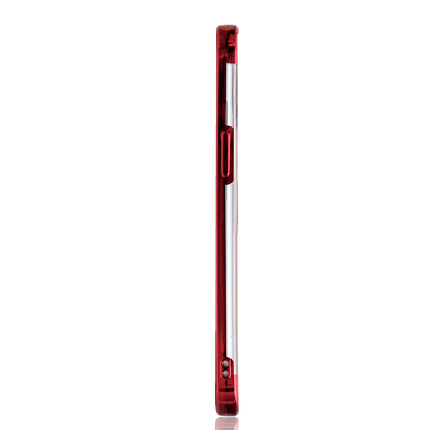 Eine rote Handyhülle, schlankes Design. Die Seite eines Telefons.