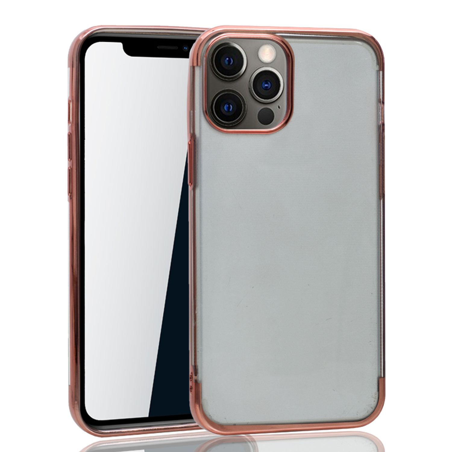 Telefon in einer transparenten roségoldenen Hülle. Das Telefon ist schwarz. Weißer Hintergrund.