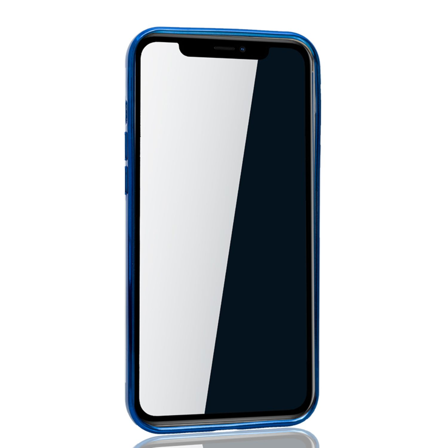 Blaues Smartphone mit großem Bildschirm, in einer blauen Hülle, leicht angewinkelt. Weißer Hintergrund.
