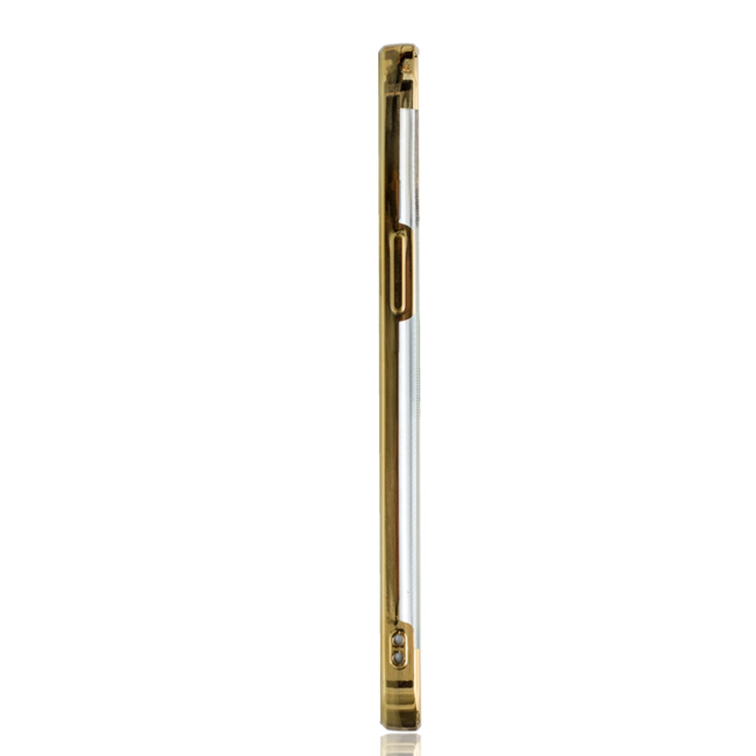 Seitenansicht einer gold-silbernen Handyhülle. Die Hülle ist schlank und hat ein metallisches Finish.